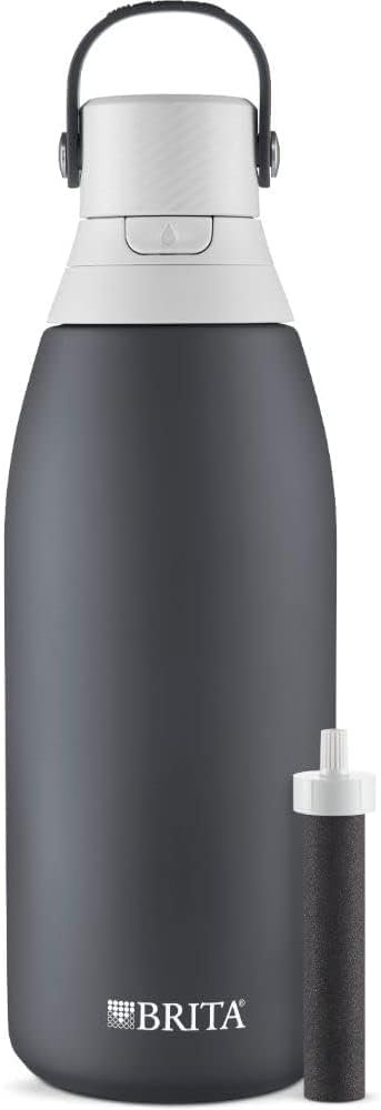 Brita Stainless Steel Premium Filtering Water Bottle, BPA-Free, Reusable, Insulated, Replaces 300 Plastic Water Bottles, Filter Lasts 2 Months or 40 Gallons, Includes 1 Filter, Carbon – 32 oz