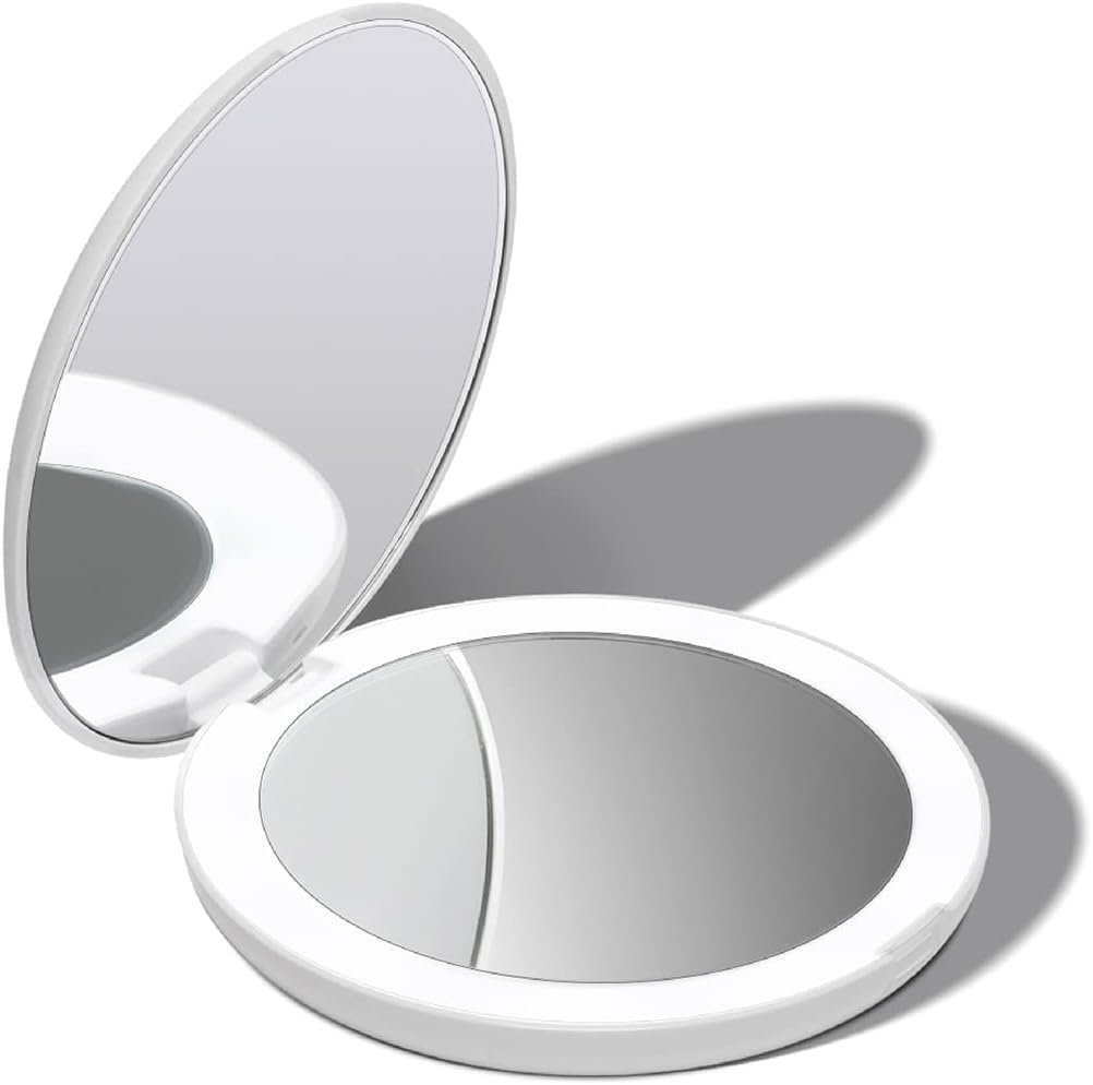 Fancii LED Lighted Travel Makeup Mirror, 1x/10x Magnification – Daylight LED, Compact, Portable, Large 5″ Wide Illuminated Folding Mirror (Lumi) White