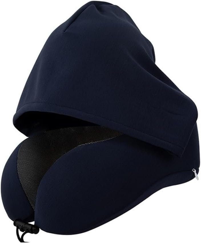 Neck Pillow with Blackout Hood, Travel Pillow for Airplane, Ergonomic Memory Foam, Adjustable Buckle Strap, Breathable & Detachable Modal Cotton Pillowcase, Ideal for Traveling, Office Naps