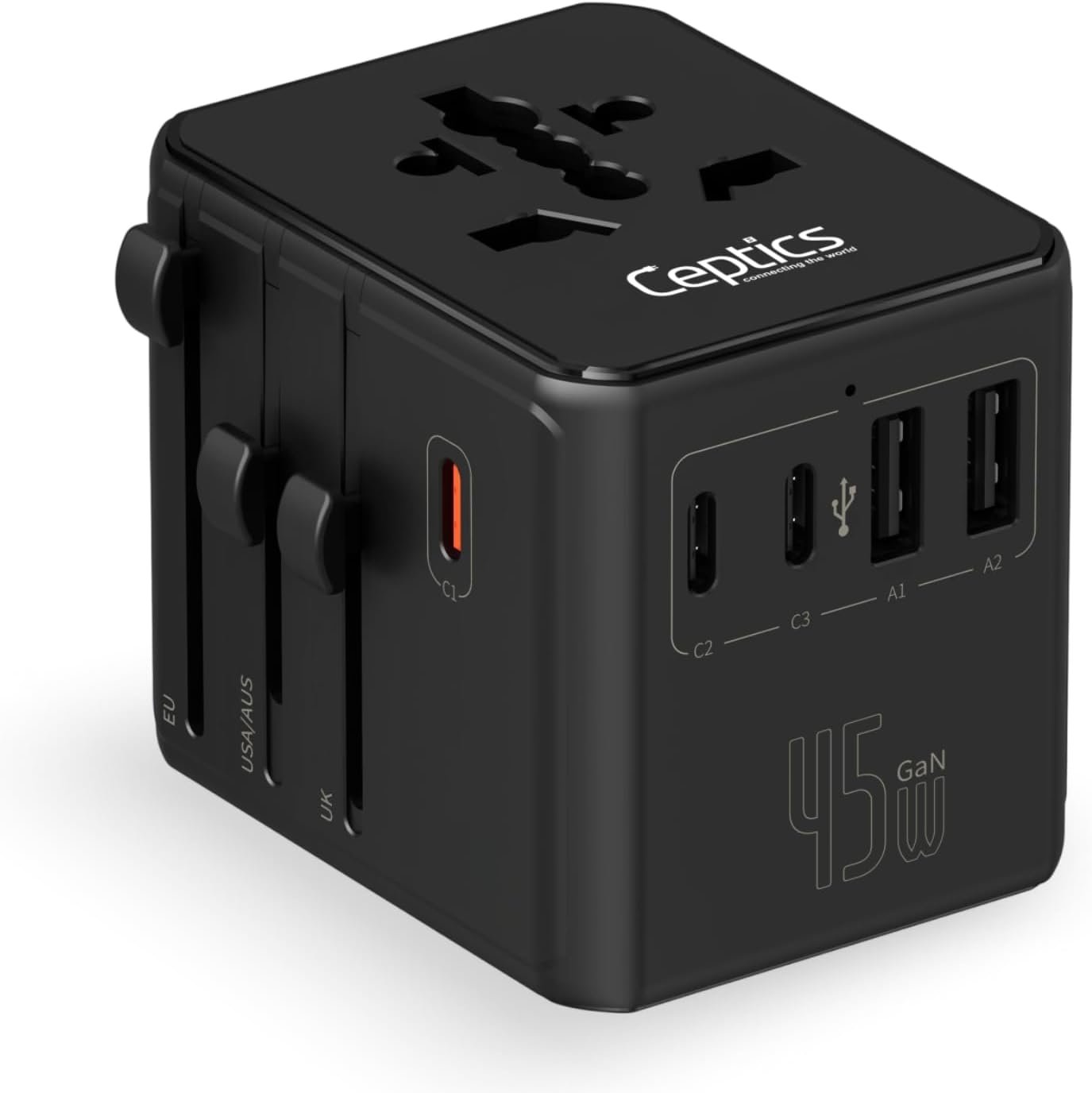 Ceptics 8 in 1 Universal Travel Adapter 45W, 3 Inputs, 2 USB-A + 3 USB-C