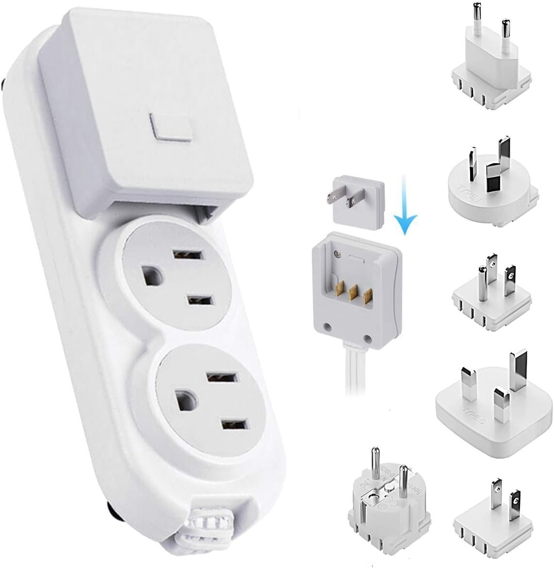 Ceptics Travel Power Strip – Small & Compact – Surge Protector – Grounded USB + Type C – 2 USA Outlets Input – Plugs for Europe, Asia, China, USA, South America