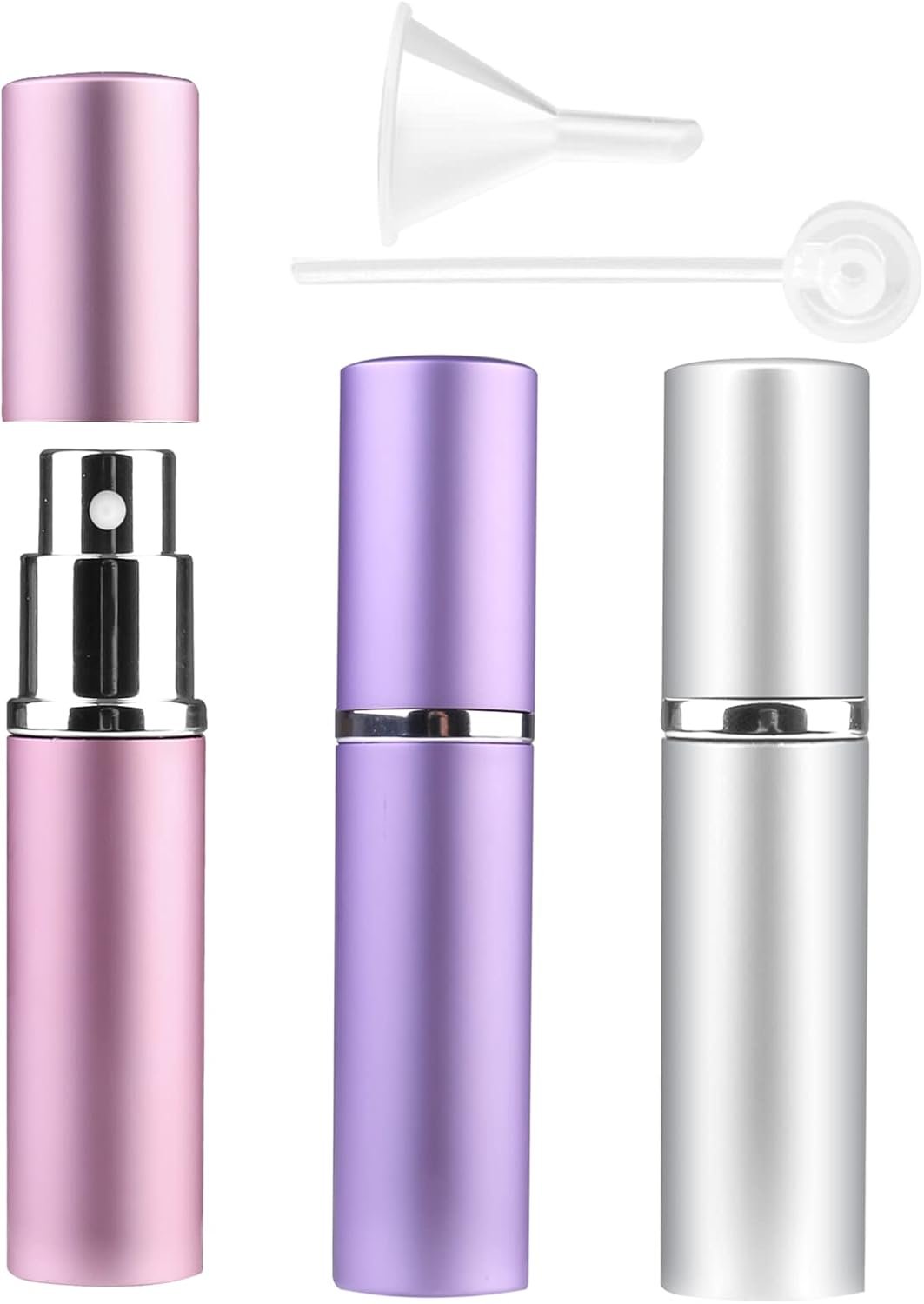Refillable Travel Perfume Atomizer Bottles, 3 Pcs 6ml, Mini Portable Spray Bottles for Perfume Aftershave, Empty Travel Bottles with Funnel (Pink, Silver, Purple)