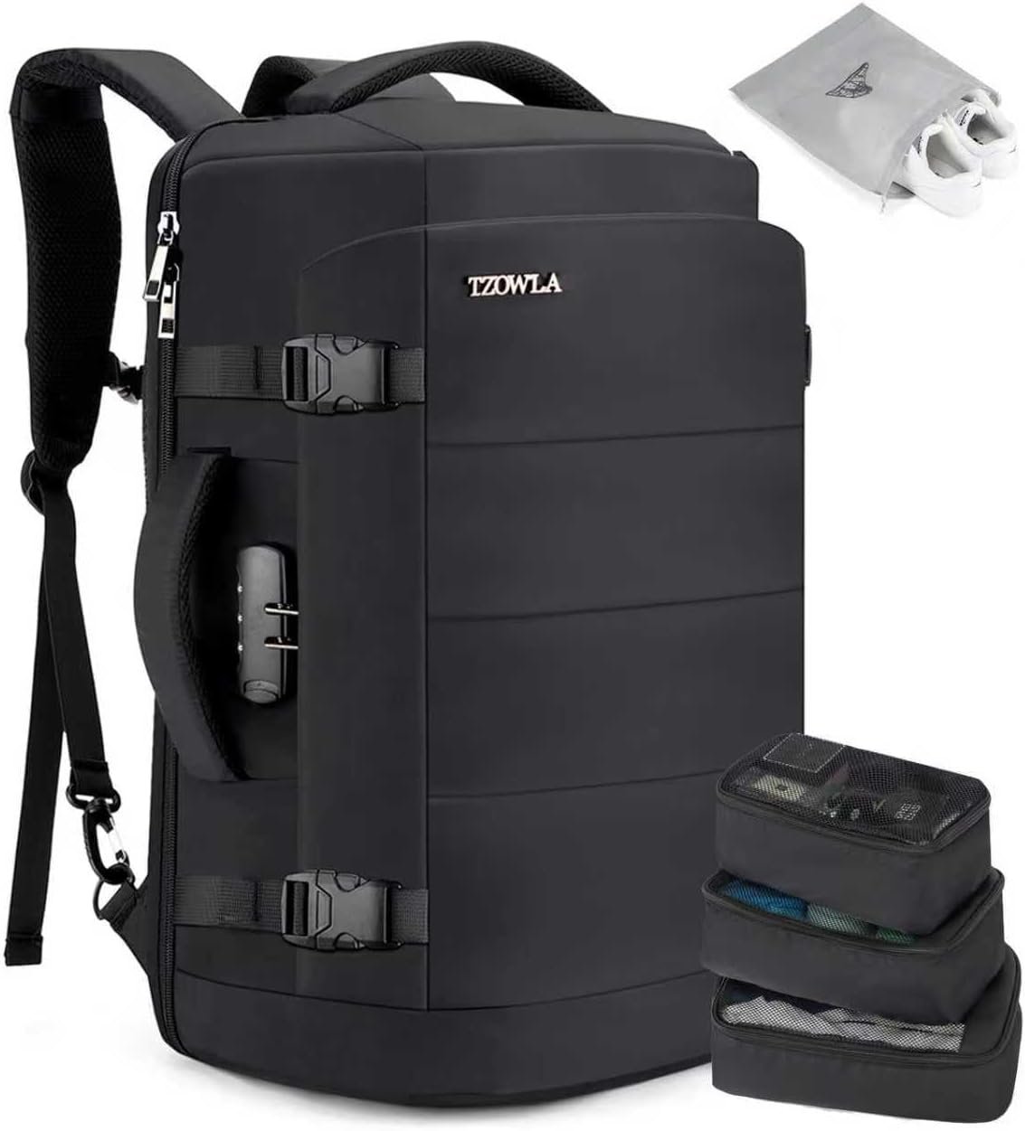 Tzowla 40L Expandable Travel Laptop Backpack for Men Women Carry on Flight Approved,Large Capacity Anti Theft Backpacks with Giant Tumbler Holder Pocket,Personal Item Bag Fit 17.3″ Computer（Black