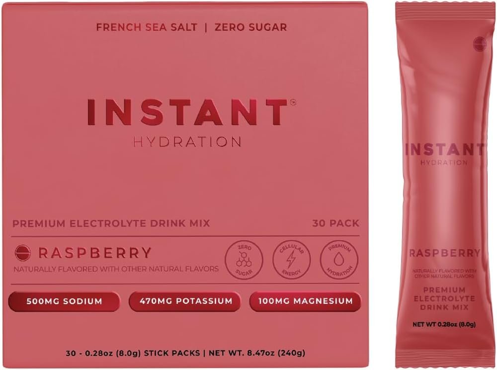 Instant Hydration Electrolytes Powder Packets – Raspberry Electrolyte Drink Mix – Zero Sugar – Keto, Vegan, Gluten-Free, Non-GMO – Boost Recovery, Brain Health, Muscle & Tissue Support- 30 Sticks