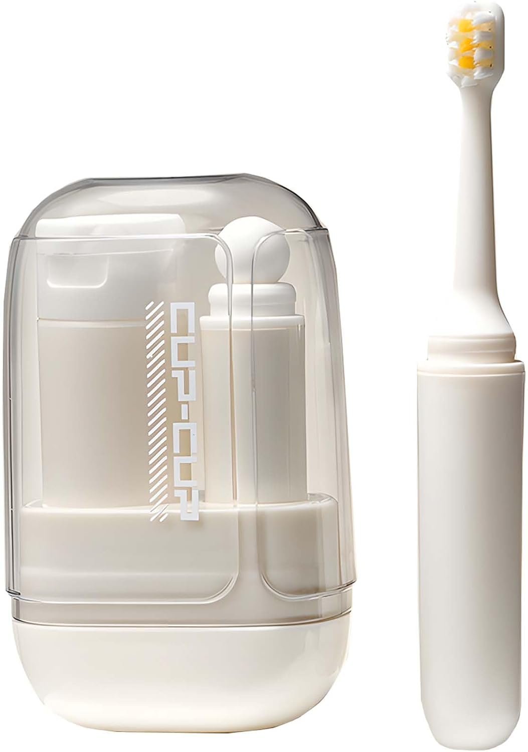 3-in-1 Toothbrush Travel Case Kit – Foldable with Mouthwash Cup, Toothpaste Dispenser, Portable Tooth Brush Holder for Camping, Business Trips, and Daily Use (Cream)