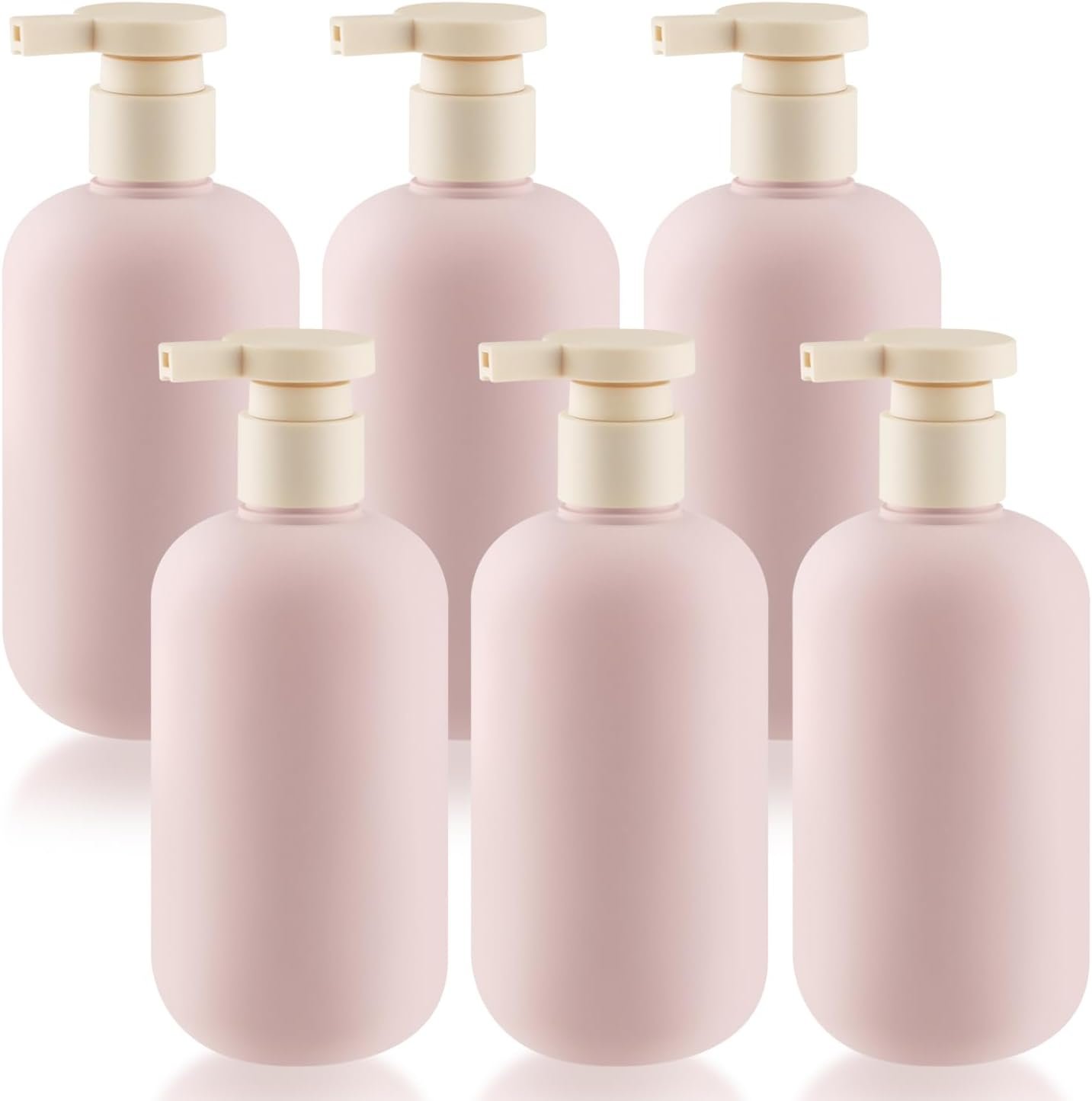 6 Pcs 10 oz Soft Plastic Bottles with Press Pump,Empty Refillable Travel Shampoo Dispenser Container for Hand Soap,Shampoo,Lotion,Body Wash,Conditioner,Silicone Funnel Included (Pink)