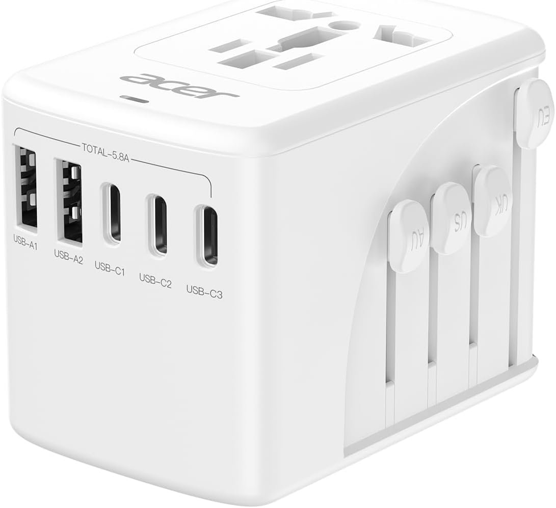 Acer Universal Travel Plug Adapter – International Power Adapter with 5 USB Ports (3 USB C) 5.8A, Worldwide Outlet Charger for USA to European UK France Germany Spain, Type C/E/F/G/I/L/A, White