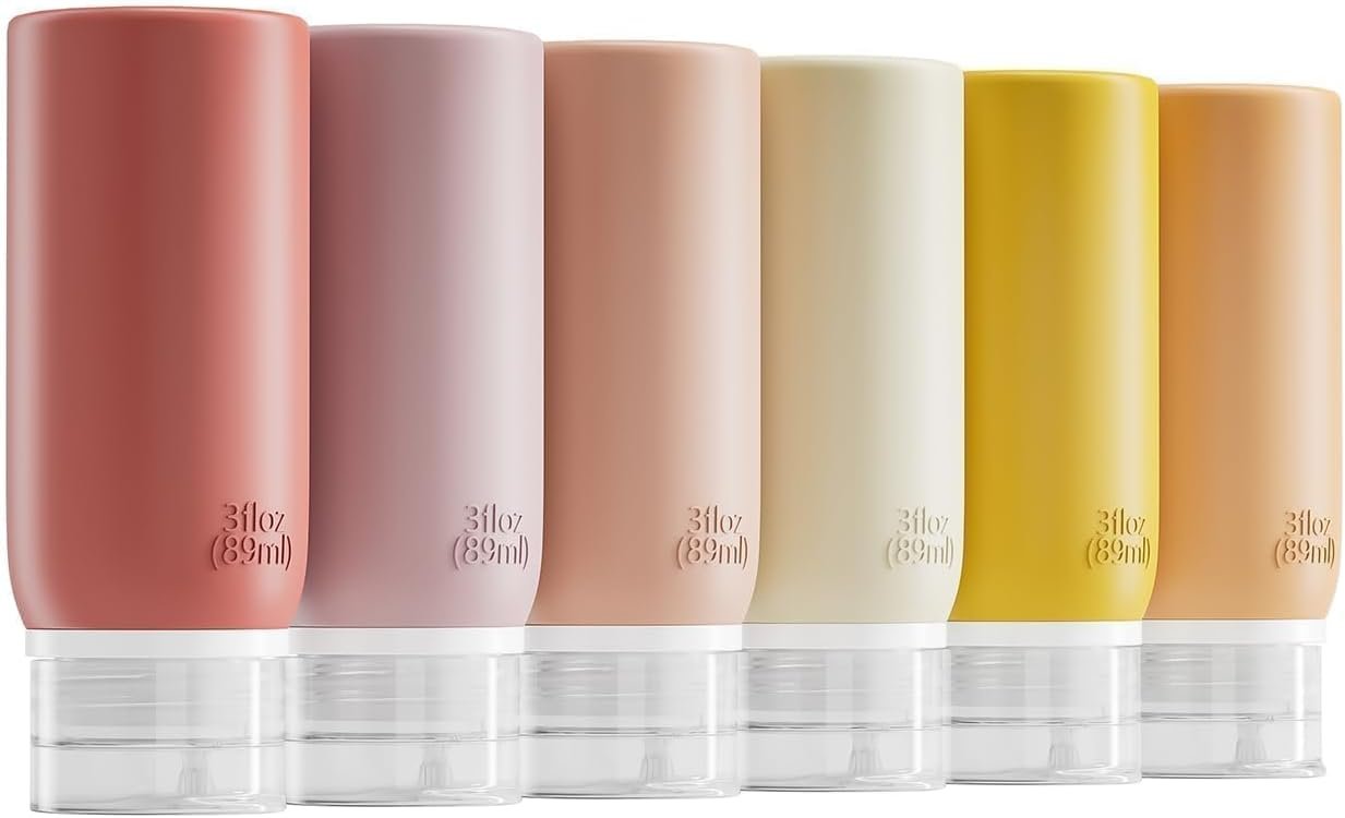 6 Pack Travel Bottles for Toiletries – TSA Approved 3oz Leakproof Travel Size Containers, BPA Free Silicone Refillable Squeezable Bottles, Travel Essentials for Shampoo and Conditioner (Cream)