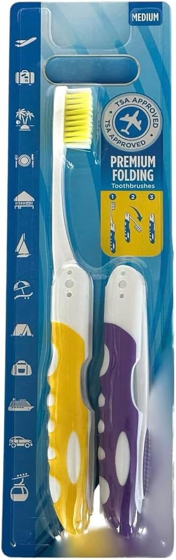 Pack of 2pc Comfort Hold Travel Toothbrush On The Go Folding Medium Bristle Brushes Compact Size Ergonomic Foldable Tooth Brush Camping Gym School Locker Backpack TSA Approved – Assorted Colors