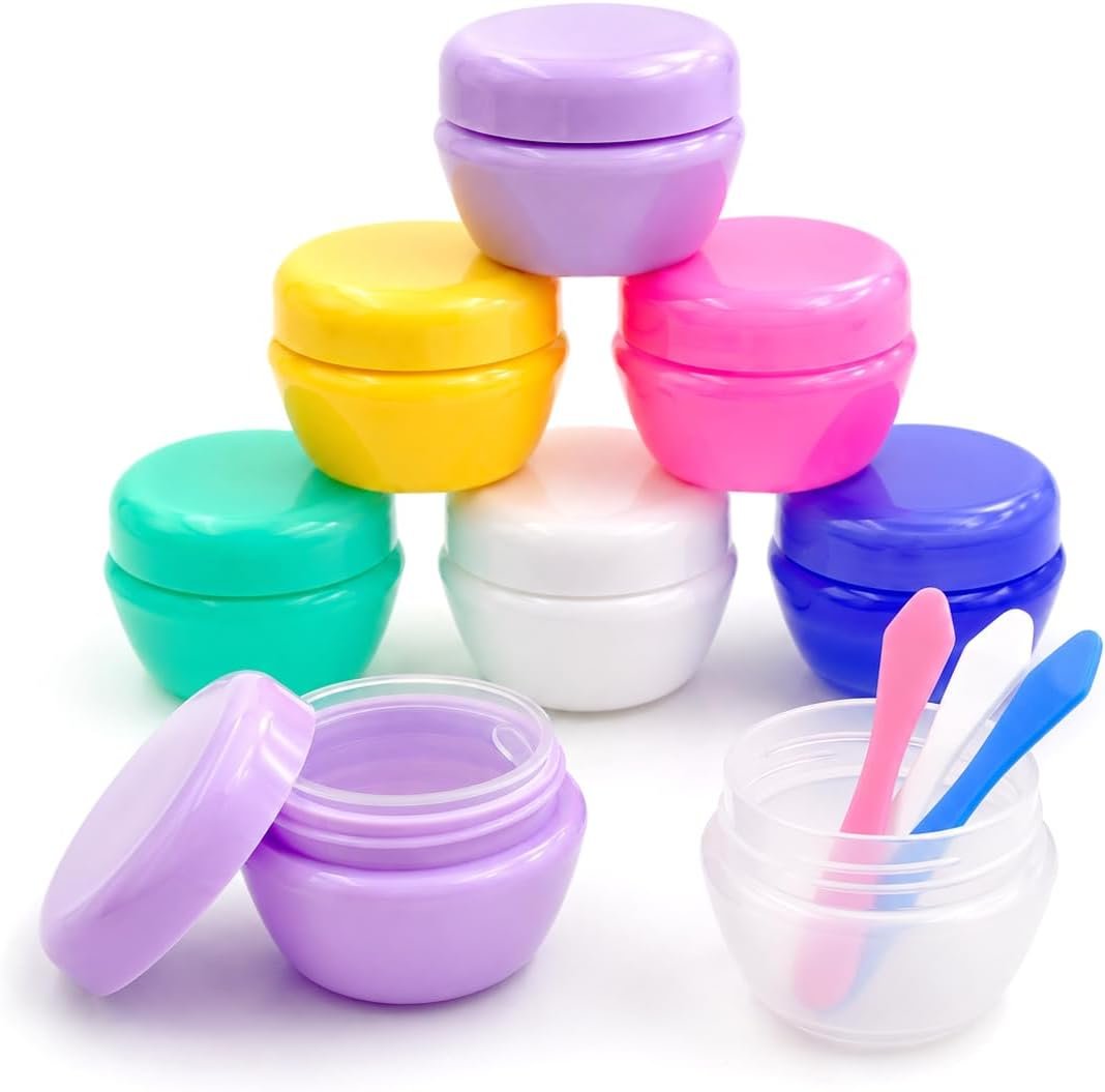 Travel Containers 8 Pack 20ml, Leak-Proof Small Jars for Creams, Lotion, and Makeup | TSA-Approved Toiletry Travel Size | Mini Plastic Pots with Lids, Includes 3 Spoons