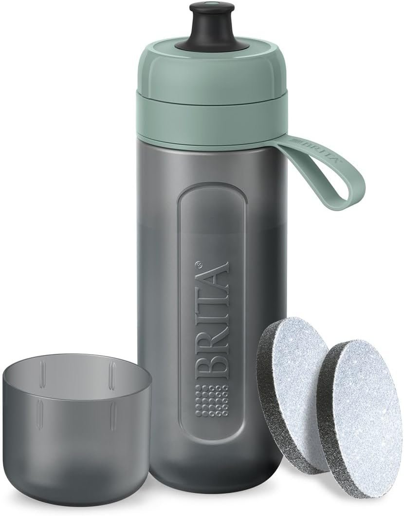 BRITA Sports Water Filter Bottle Model Active Dark Green (600ml) incl. 2x MicroDisc Filters – squeezable BPA-free on-the-go bottle, filters chlorine, organic impurities, hormones & pesticides