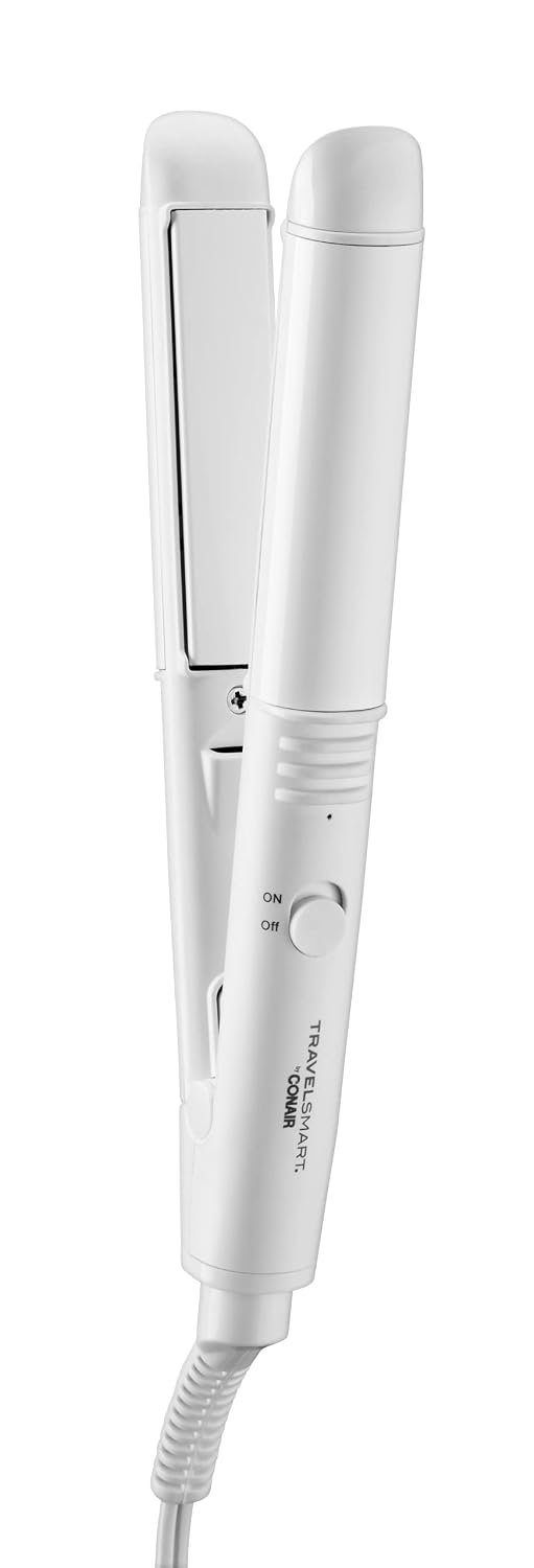 Conair Travel Flat Iron, Portable Hair Straightener, Mini 1/2 Inch Ceramic Flat Iron with Storage in White by Travel Smart