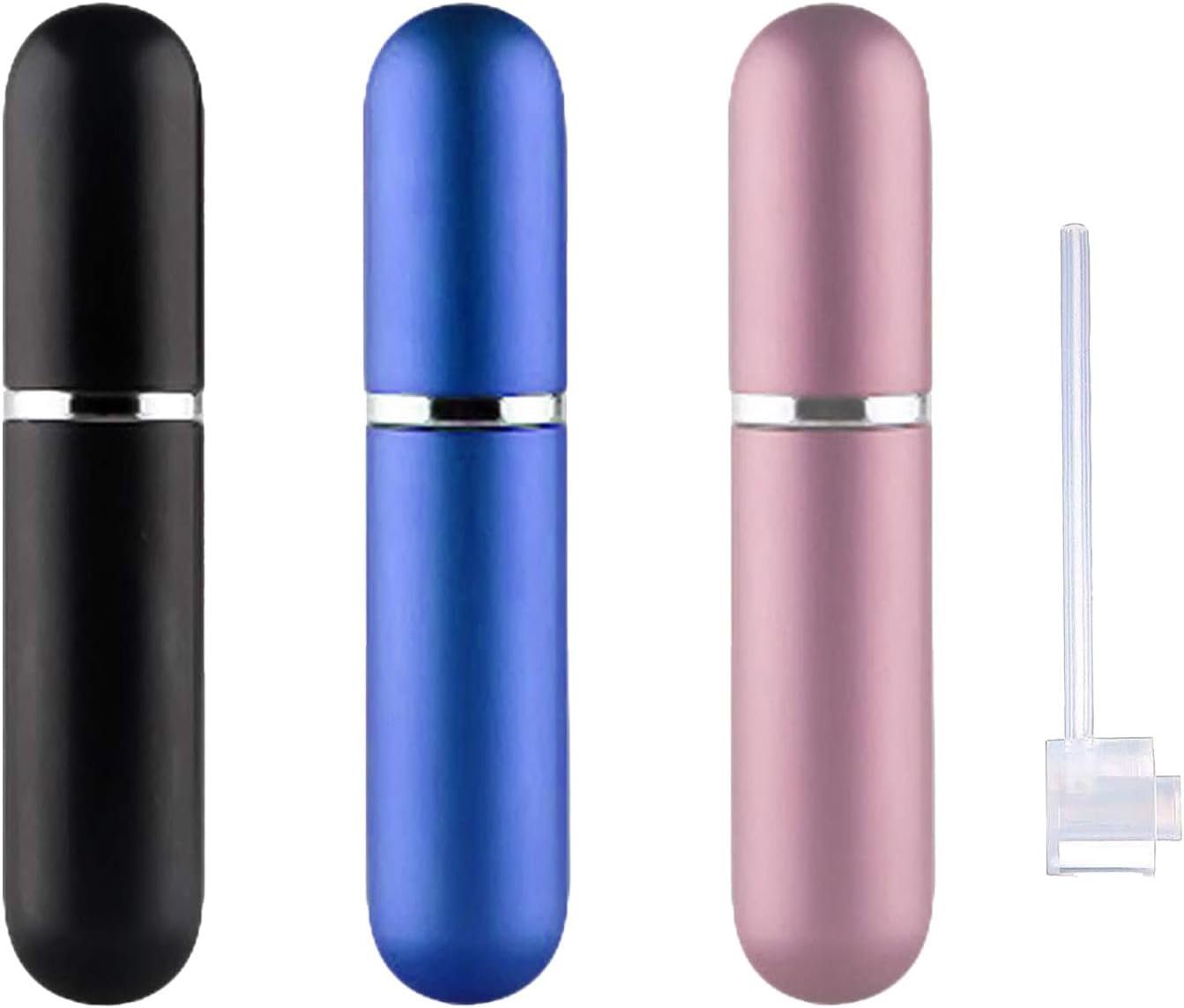 Travel Refillable Perfume Atomisers, 5ML, 3 Pcs Mini Portable Spray Bottles, Round Tube Set With 1 Flat Separated Tool, for Home Business Trip (Black+Blue+Champagne)(4pcs)