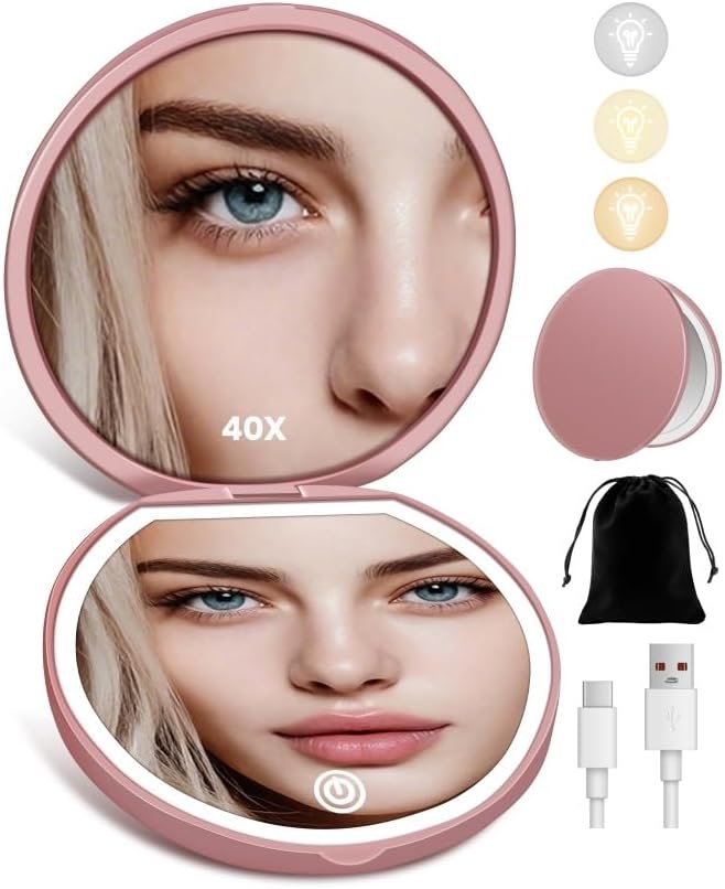 Magnifying Mirror, Rechargeable Compact Makeup Mirror with Light 40X Rose