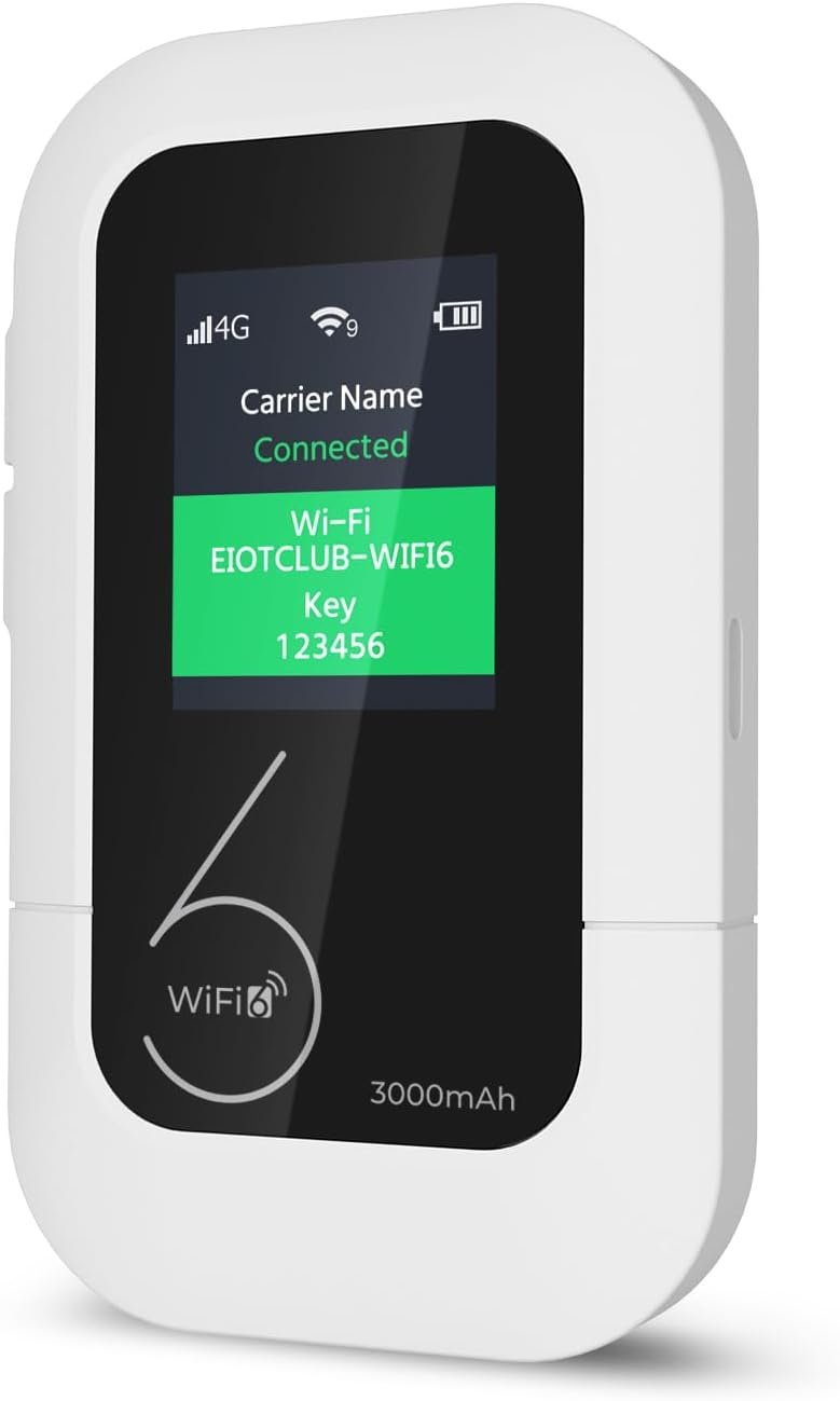 EIOTCLUB 4G LTE Portable WiFi Hotspot, Mobile Internet Pay-as-You-Go Plan | No Contract, 1GB Trial Data, 10 Device Connections, 3000mAh Battery, Pocket WiFi for Travel, Home, Car, RV, Camping(US Only)