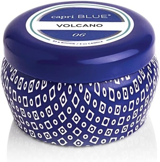 Capri Blue Volcano Scented Mini Tin Jar Candle – Luxury Candles for Home Scented with Tropical Fruit & Sugared Citrus – Soy Candle Wax Blend (Blue, 3 oz)