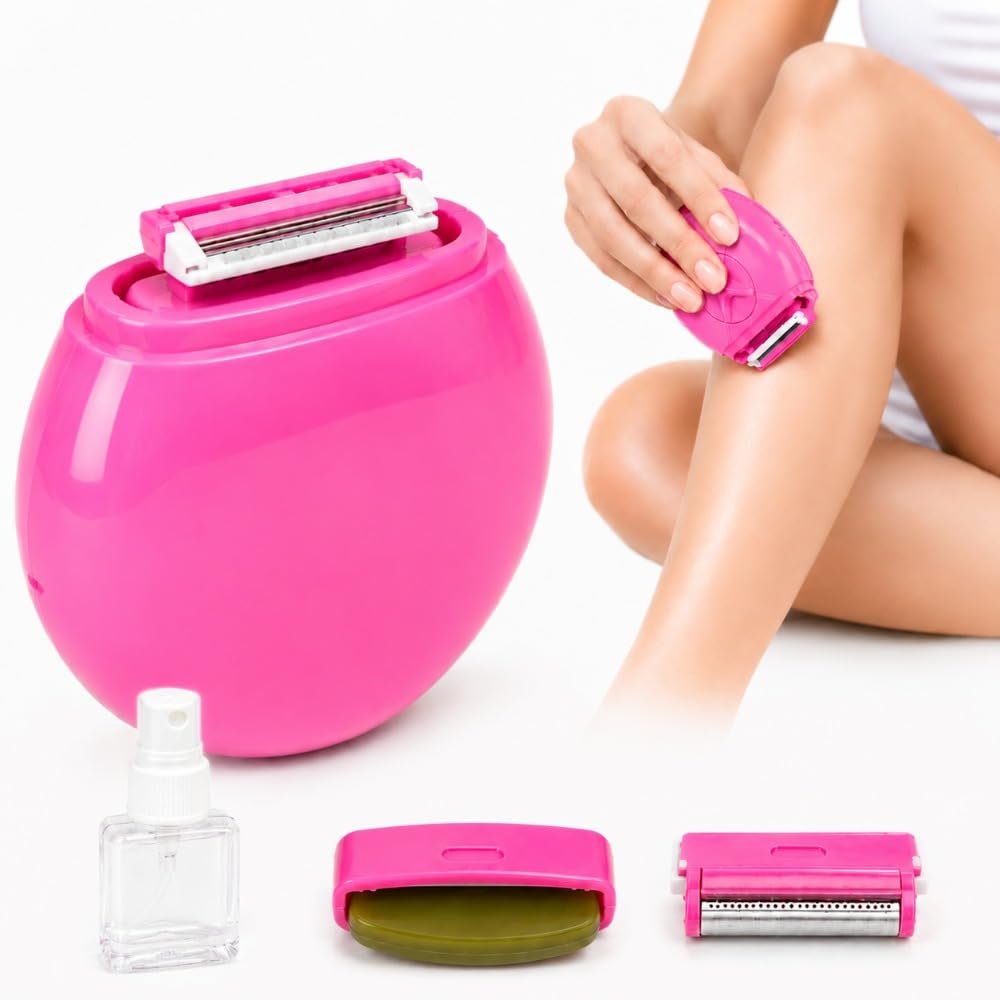 Women’s Compact Travel Razor, Triple Blade with Lubrication Bar, Replaceable Cartridge & Refillable Spray Bottle for Sensitive Skin (Pink)