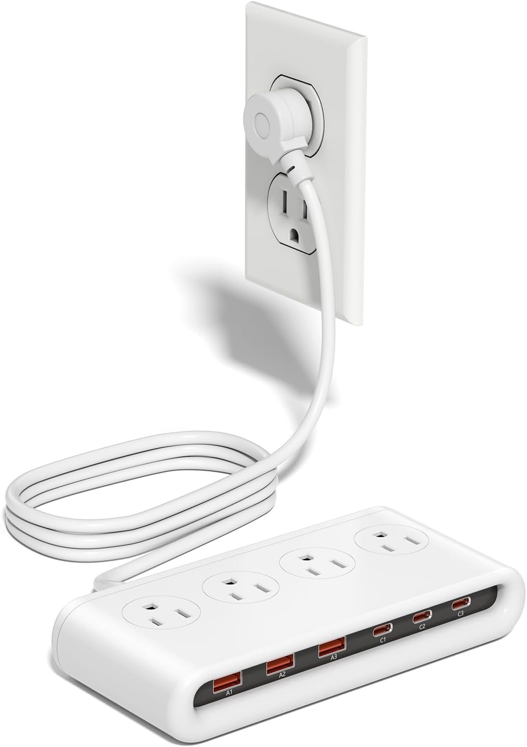 Power Strip with USB C 35W,10-in-1 Flat Plug Wall Charger – 5FT Extension Cord with 4AC, 3 USB A & 3 USB C – PD20W Charging Station for Multiple Devices – Travel Home Office (White)