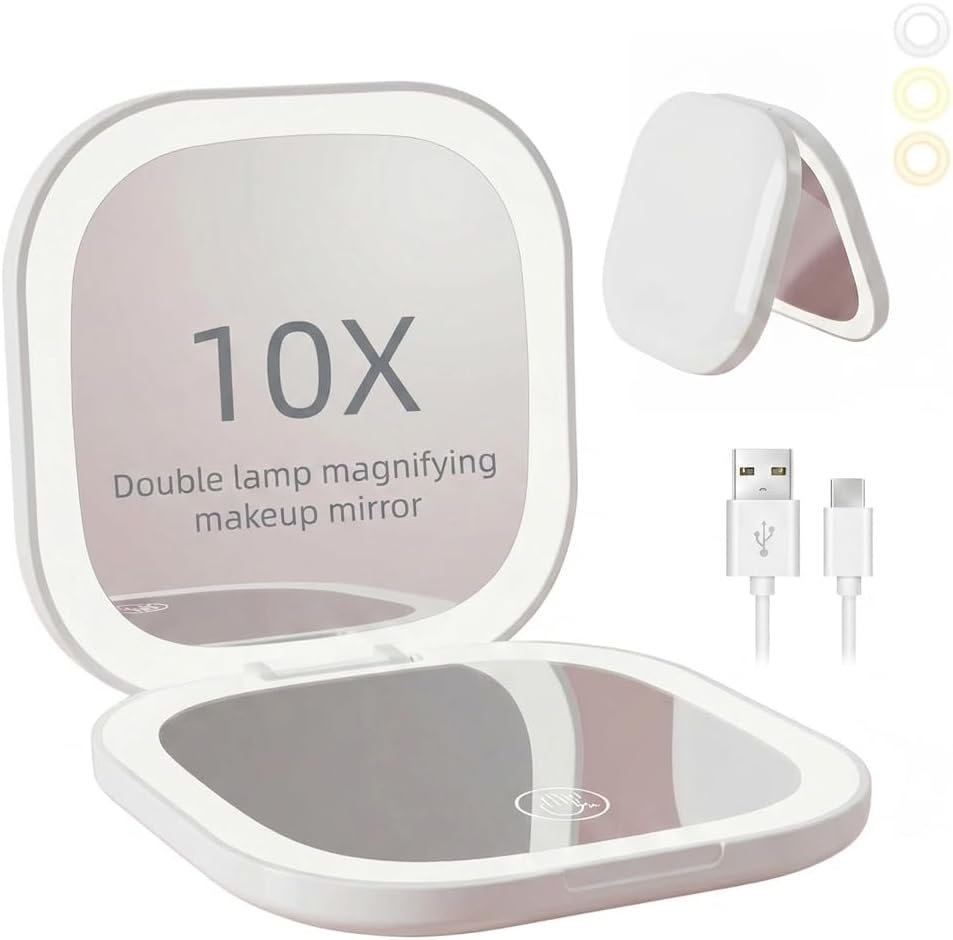 Folding Travel Makeup Mirror with LED Lights – Compact Double-Sided 1X/10X Magnifying Mirror, Portable Handheld Vanity Mirror for On-The-Go, Road Trips, USB Charging (White)