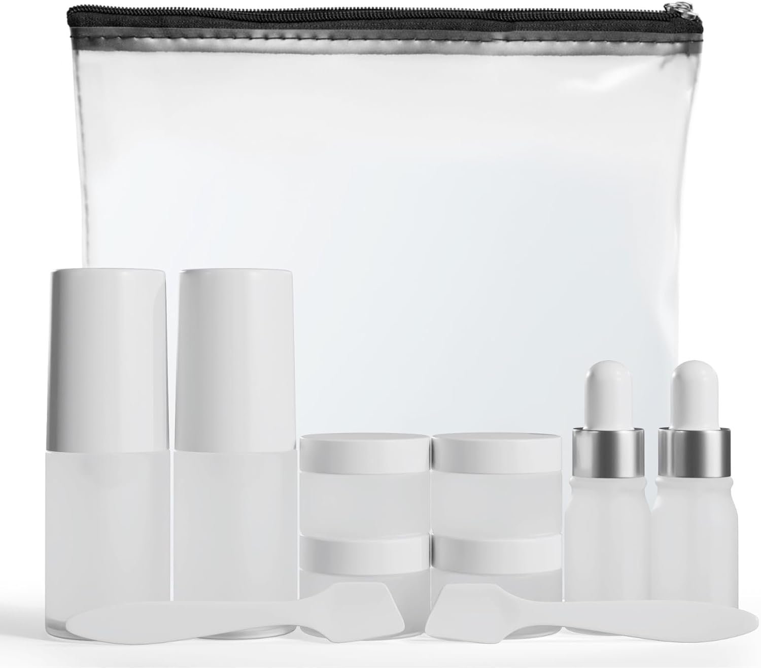 11 Piece Travel Skincare Containers Set – TSA Approved Toiletry Bag & Travel Size Toiletries Bottles – Airless Pump, Dropper Bottles & Travel Size Containers for Serums, Moisturizers, & Oils