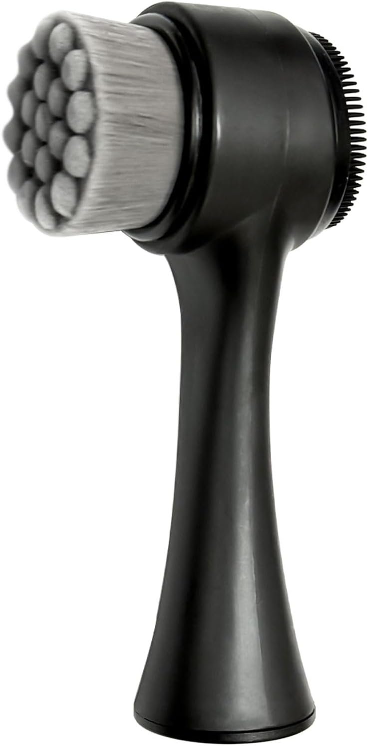 2-in-1 Facial Cleansing Brush, Dual-Sided Exfoliating Face Scrubber with Silicone & Bamboo Charcoal Fiber for Deep Pore Cleaning, Massage, and Daily Skin Care (Black, Boxed) ﻿