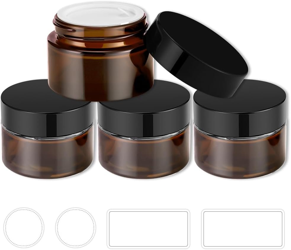 1 oz Glass Jars with Lids, 4 Pack Small Amber Glass Jars with Black Lids