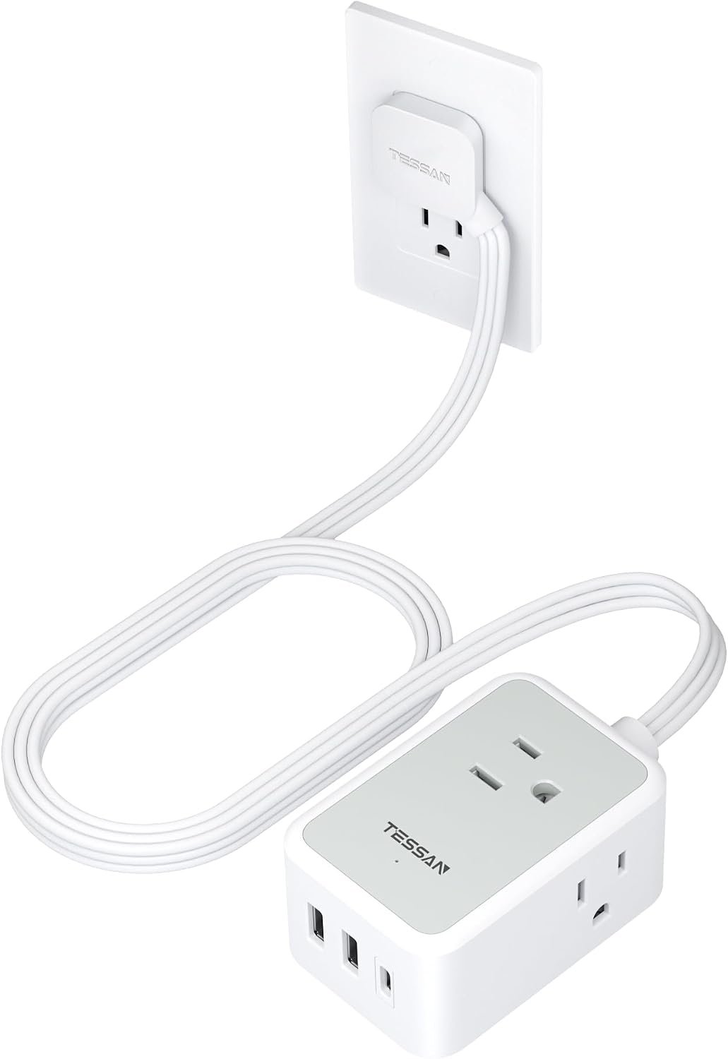 TESSAN Small Flat Plug Power Strip, Ultra Thin Extension Cord 5 ft, Grey