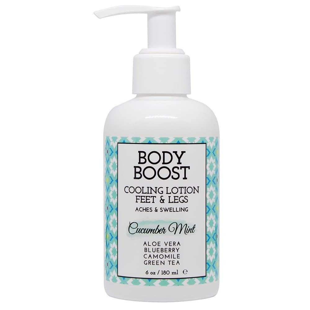 Body Boost Cooling Lotion- Soothe and Reduce Aches and Swelling- Pregnancy Safe Muscle Rub for Feet & Legs- Cucumber Mint 6 oz- Hypoallergenic- Vegan