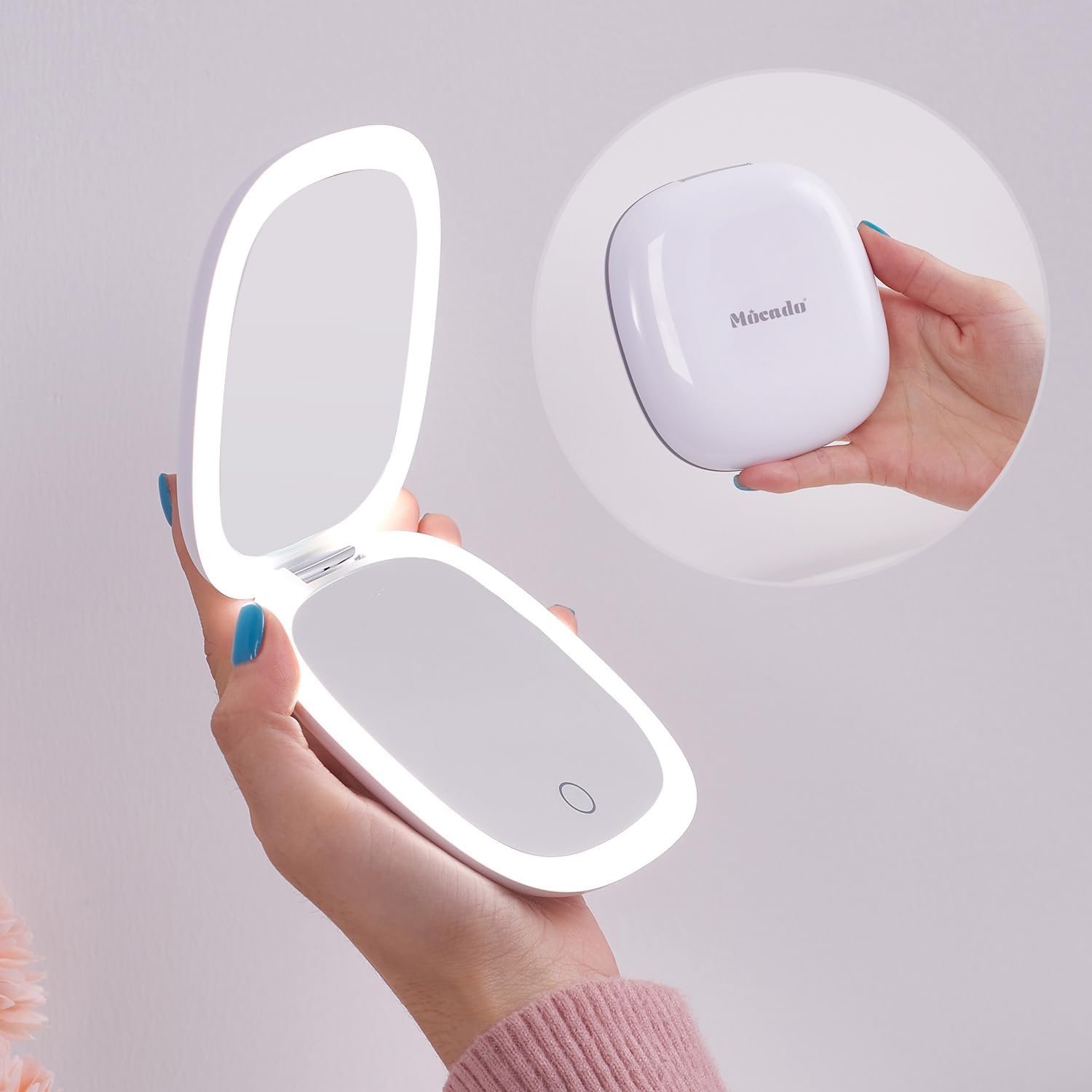 Mocado Compact LED Magnifying Travel Makeup-Mirror – 4 inches 1X/10X Magnification Small Hand Pocket Dimmable Double Sided USB Rechargeable Touch Screen, Portable Tabletop Cosmetic (White)