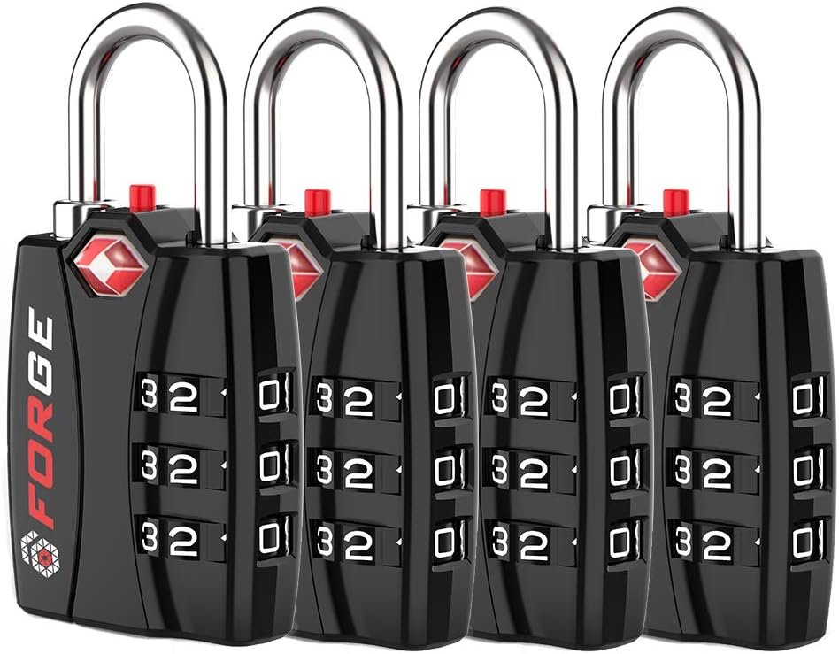 Forge Open Alert TSA Approved Luggage Locks – 3 Digit Combination, Easy Read Dials, Zinc Alloy Body (Black 4 Locks)
