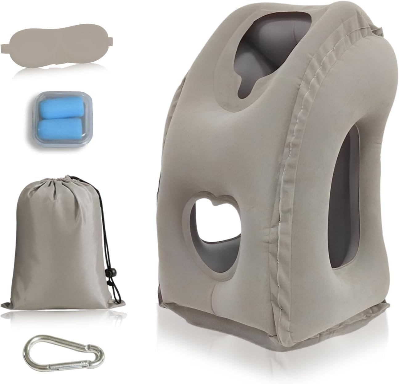 Inflatable Travel Pillows for Airplanes, Blow Up Travel Pillow for Train Office Car with Chin and Neck Support, Inflatable Travel Pillow for Sleep Support with Eye Mask, Bag & Earplugs_Gray