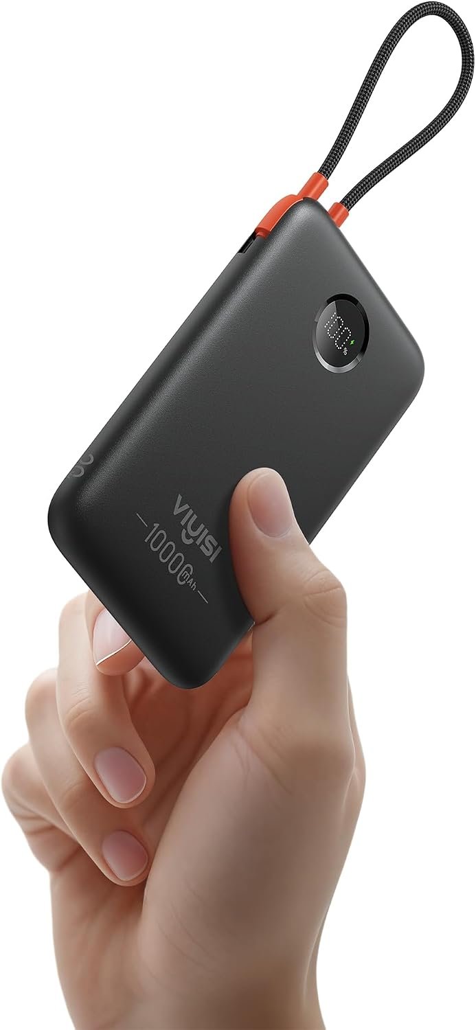 VIYISI Ultra Slim Portable Charger Small 10000mAh with Built-in USB C Cable