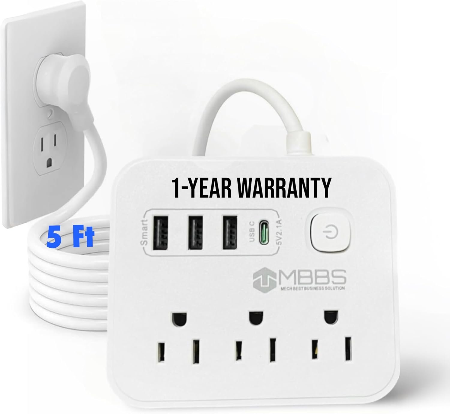 Surge Protector Power Strip with USB C, Heavy Duty Extension Cord – (7-in-1) 3 AC Outlets, 4 USB Ports, LED On/Off Switch – Compact & Travel Friendly – Home, Office. (5ft)
