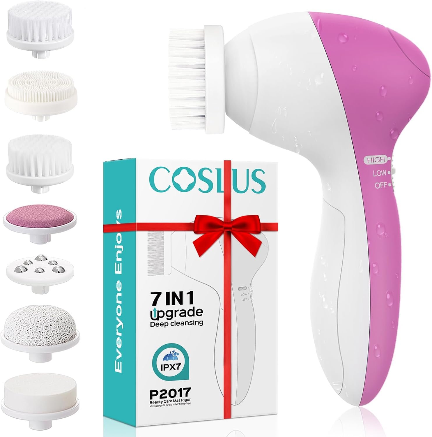 COSLUS Facial Cleansing Brush Face Scrubber, 7-in-1 Rotating Design