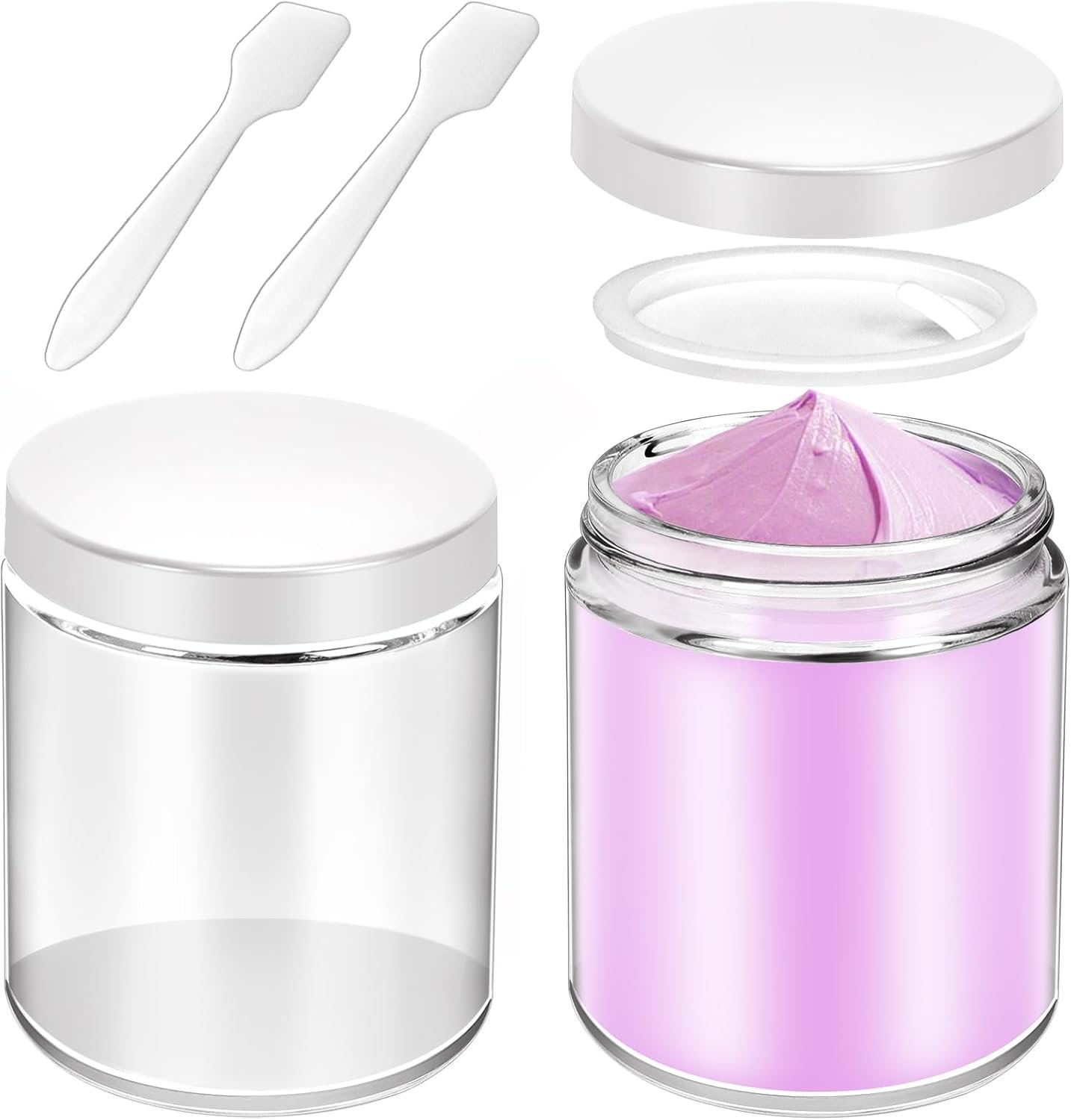 2 Pack 8oz Glass Jars with Lids, Round Glass Jars with Spatulas, Inner Liners and White Lids, Empty Cosmetic Containers Travel Toiletries Container for Lotion, Cream, Makeup, Cosmetic, Slime