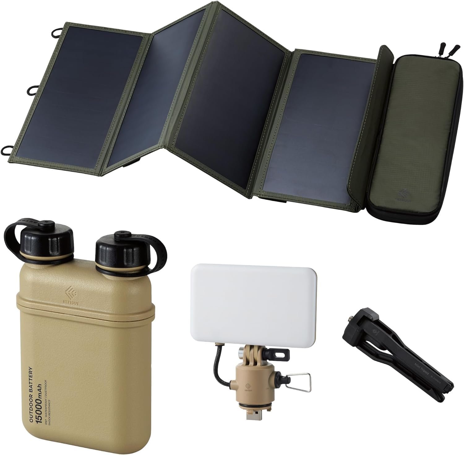 ELECOM NESTOUT 15000mAh Outdoor Power Bank + 4-Panel Solar Panel Charger + Flash-1 LED Flash Light Panel 1000 Lumen – Beige