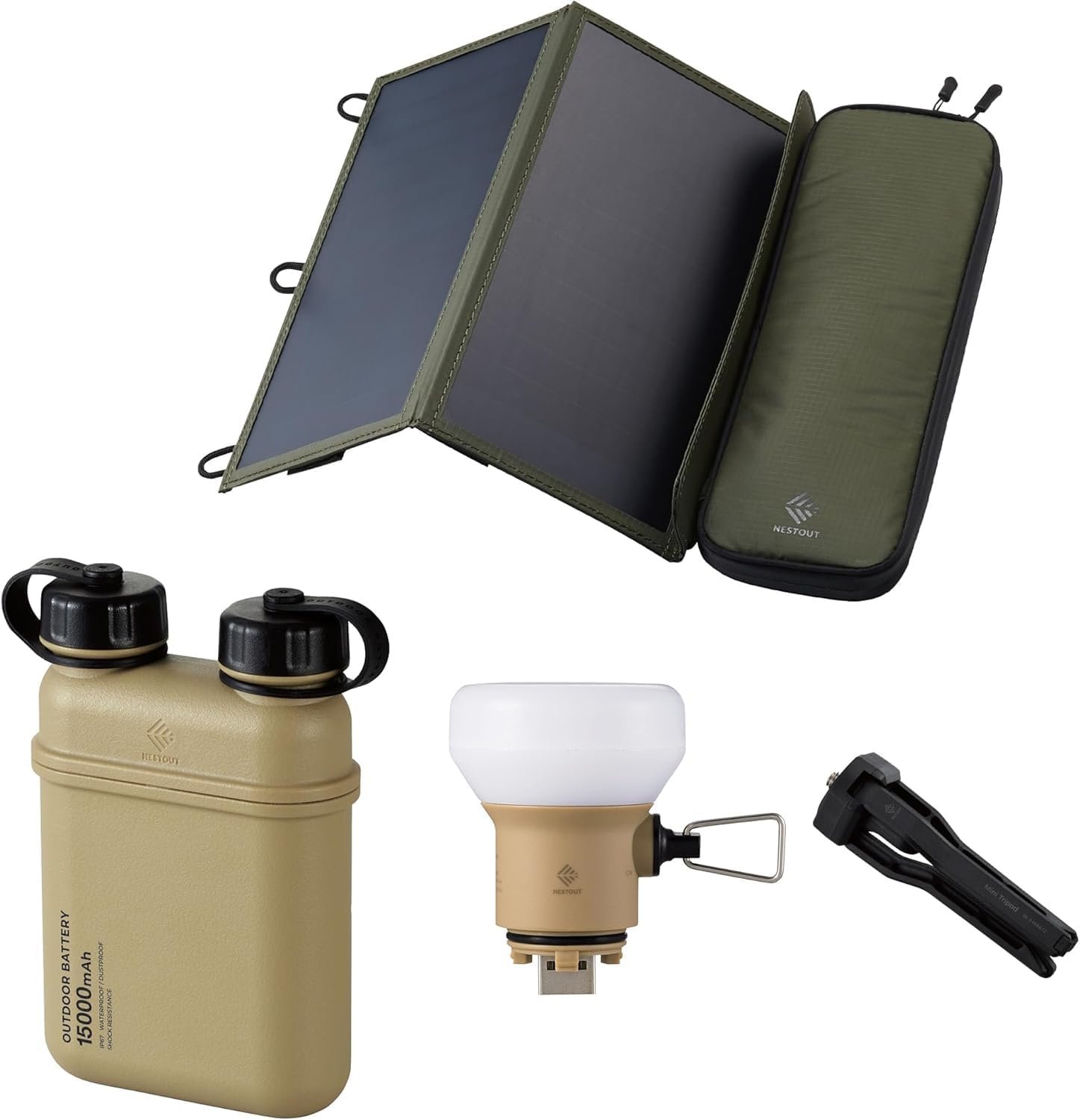 ELECOM NESTOUT 15000mAh Outdoor Power Bank + 2-Panel Solar Panel Charger + LAMP-1 LED 300 Lumen Soft Lantern – Beige