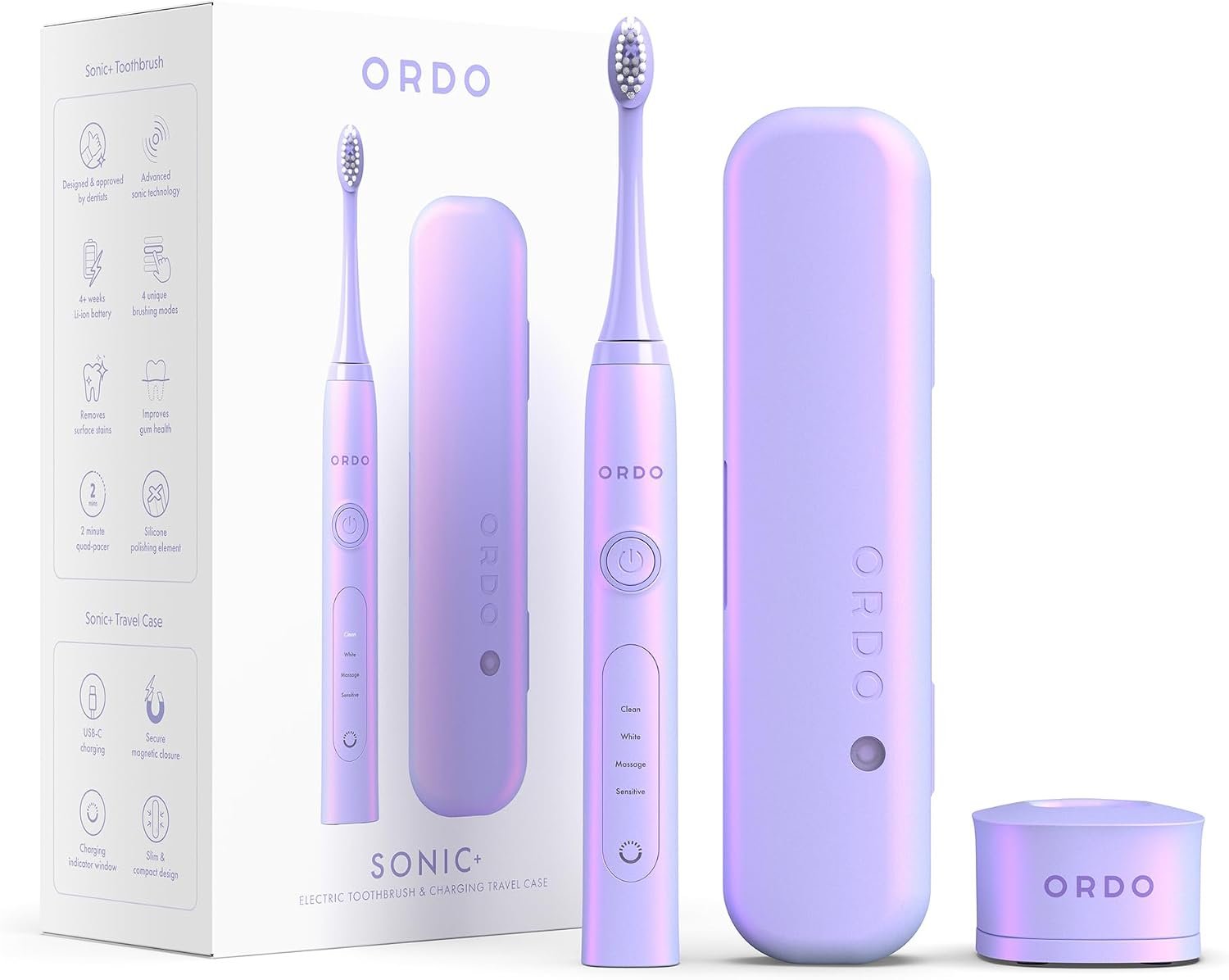 ORDO Sonic+ Electric Toothbrush with Travel Case, 4 Brushing Modes, Pearl Violet