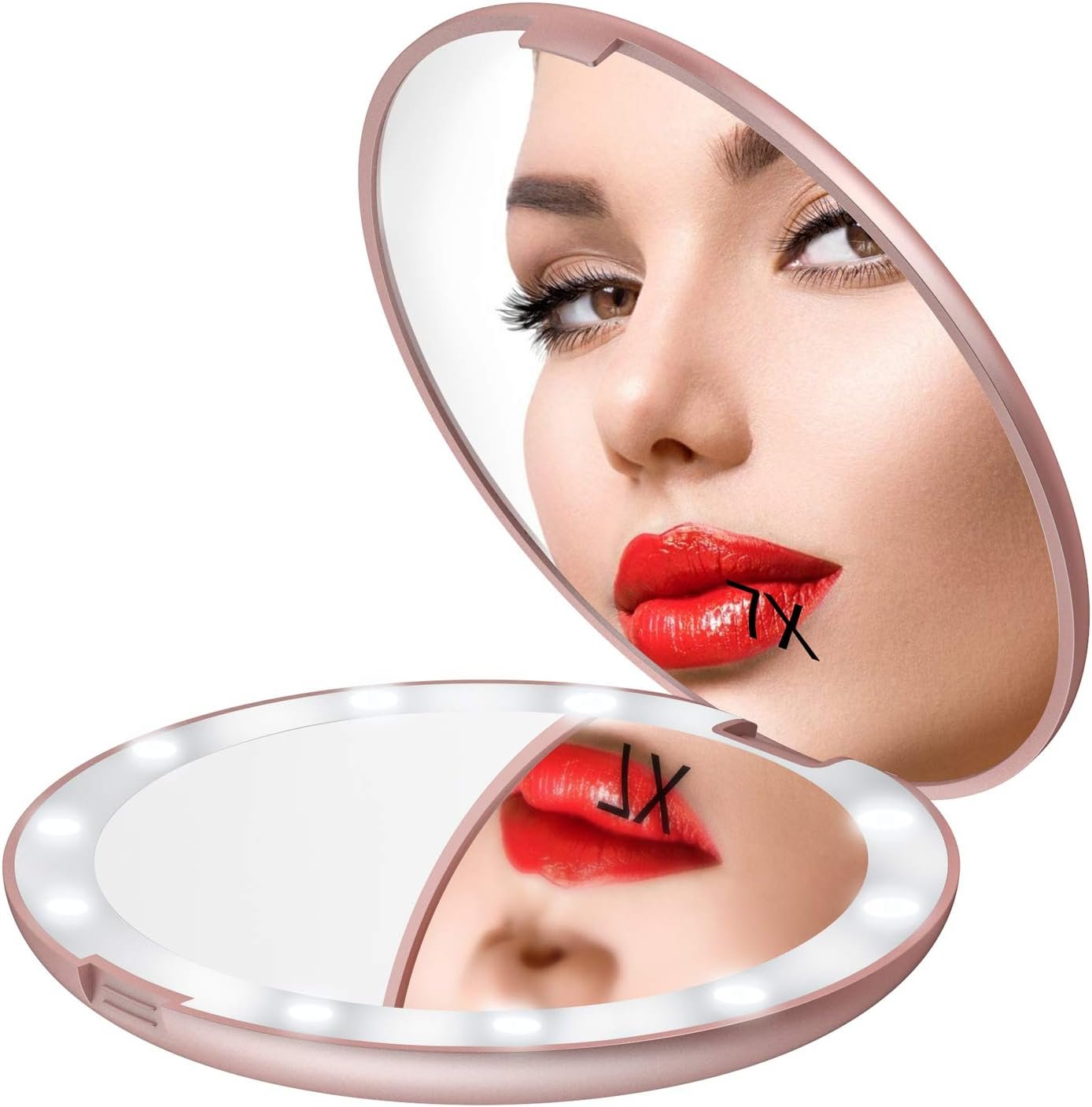 Gospire 5″ Lighted Travel Makeup Mirror 1X/7X Magnifying Double Sided, Super Large LED Compact Portable Handheld Pocket Illuminated Cosmetic Vanity Mirror with Battery for Makeup Bag