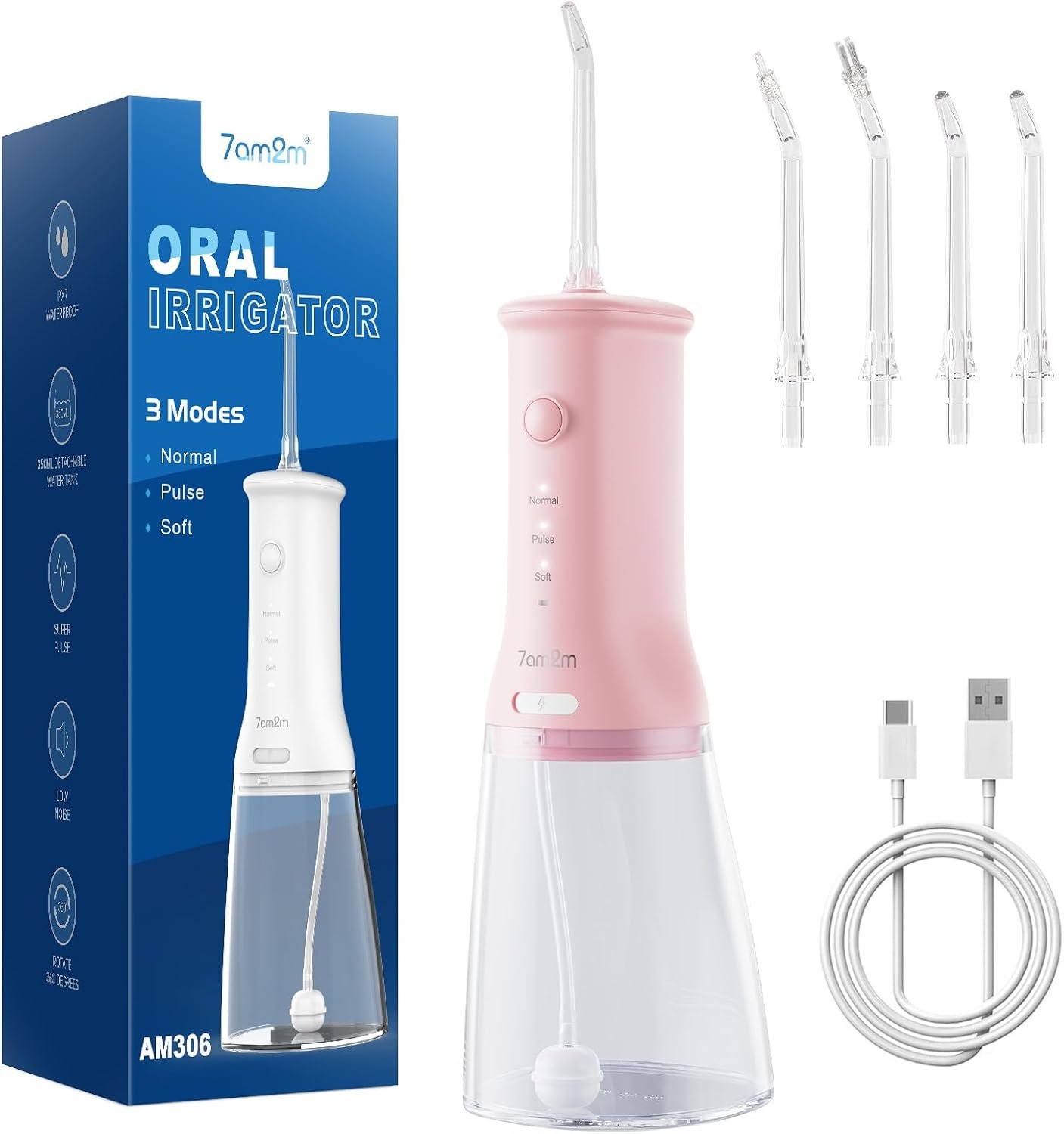 7AM2M Cordless Water Flosser Oral Irrigator 350ML Tank Type-C Rechargeable