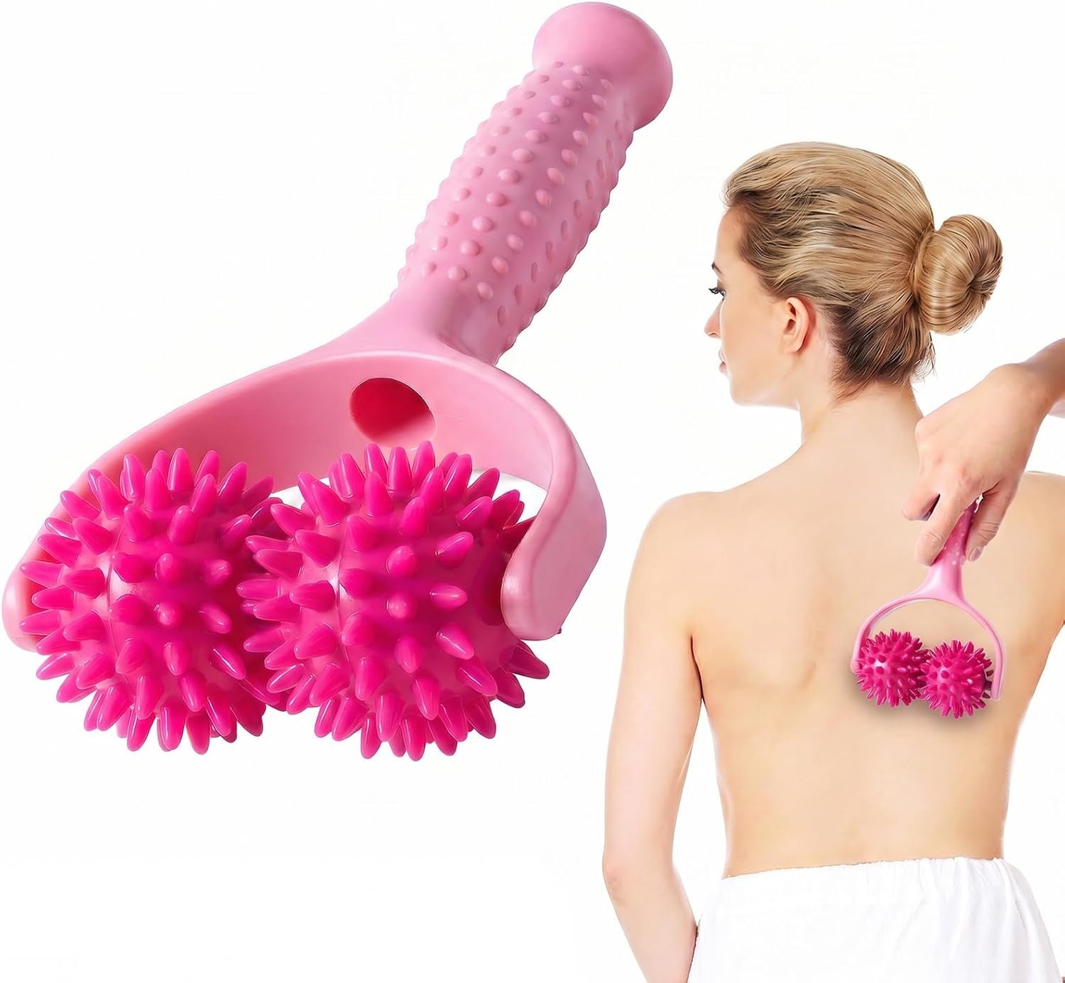Handheld Spiky Massage Balls Rollers, 2 Wheel Spiky Silicone Manual Massage Roller with Ergonomic Handle, Portable Pressure Point Muscle Massages Tool for Foot Arm Body Neck Leg Pain Pressure Relief