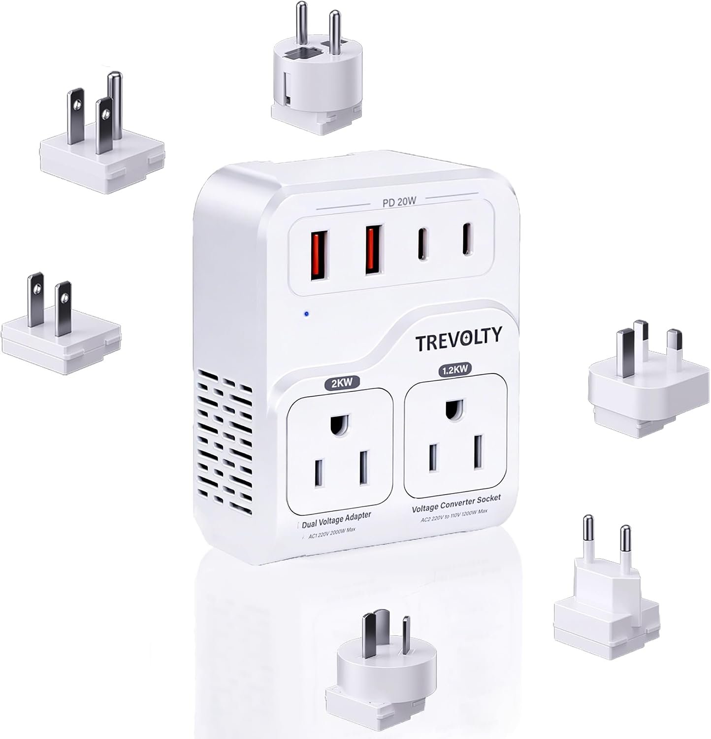 2000W Voltage Converter US to Europe for Hair Dryers, 7-in-1 220V to 110V Converter for European Travel with 3 AC/2 USBA/2 USBC Ports (PD20W), European Travel Adapter (White)
