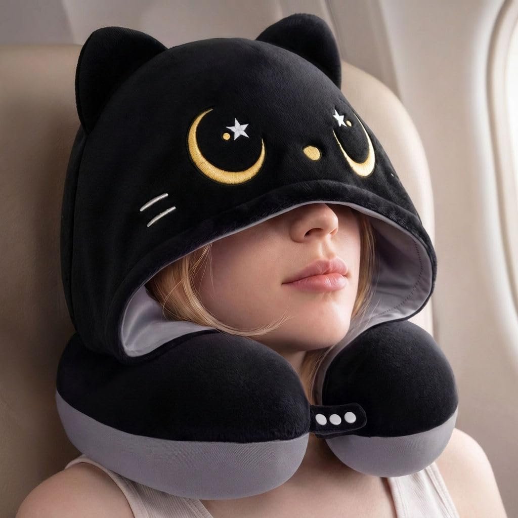 Mewaii Travel Neck Pillow, Airplane Pillow with Hood, Memory Foam, Gray