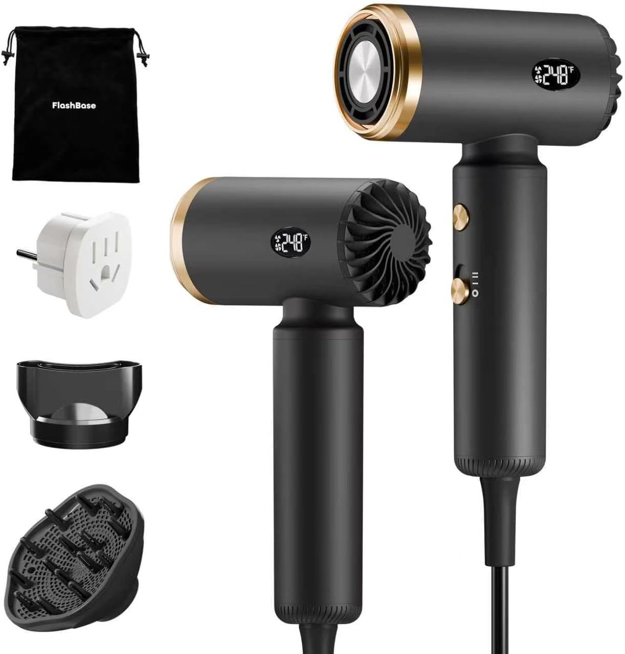 Travel Hair Dryer, Dual Voltage Blow Dryer with Diffuser, Rubber Black