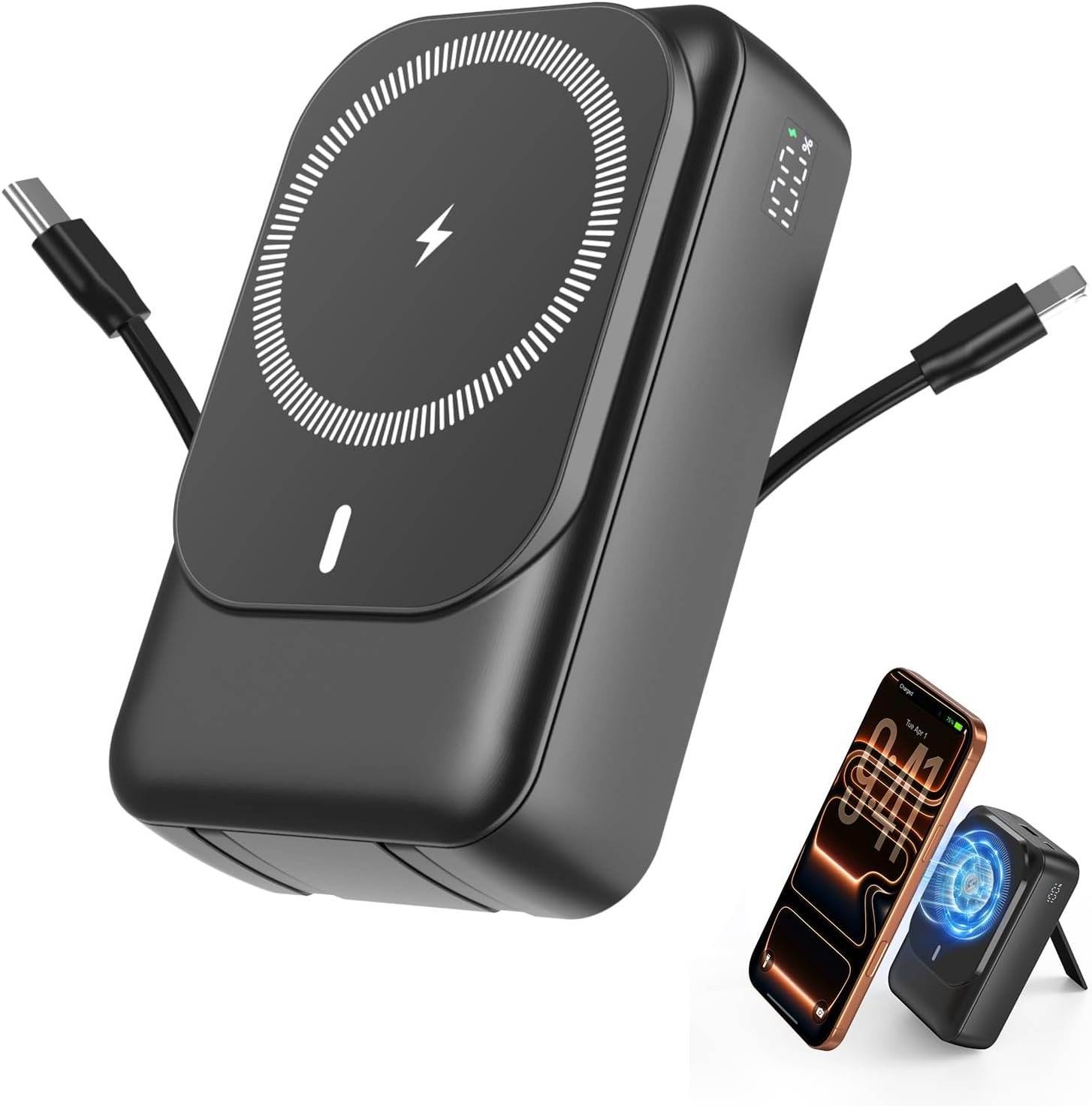 Magnetic Wireless Power Bank 26800mAh, PD 22.5W Type-C Fast Charging Portable Charger 5 Outputs, Battery Pack for Magsafe Built in 2 Cables with Stand LED Display for iPhone 17/16/15/14/13/12-Black