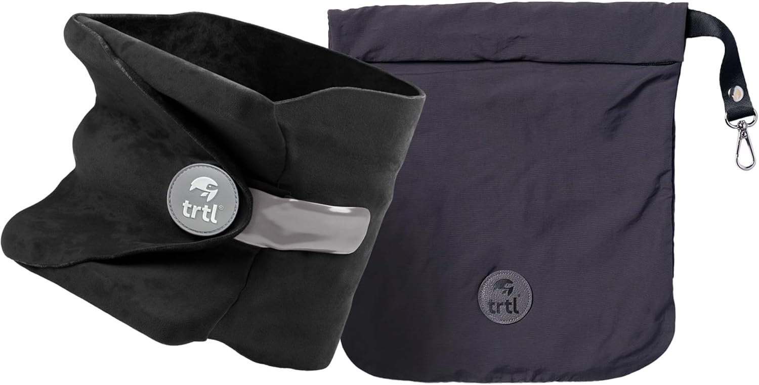 Trtl Pillow – Scientifically Proven Neck Support Travel Pillow for Airplanes – Lightweight and Machine Washable – Ergonomic Design for Traveling on Cars and Trains – Black