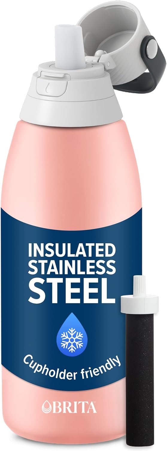 Brita Stainless Steel Premium Filtering Water Bottle, BPA-Free, Reusable, Insulated, Replaces 300 Plastic Water Bottles, Filter Lasts 2 Months or 40 Gallons, Includes 1 Filter, Rose – 32 oz