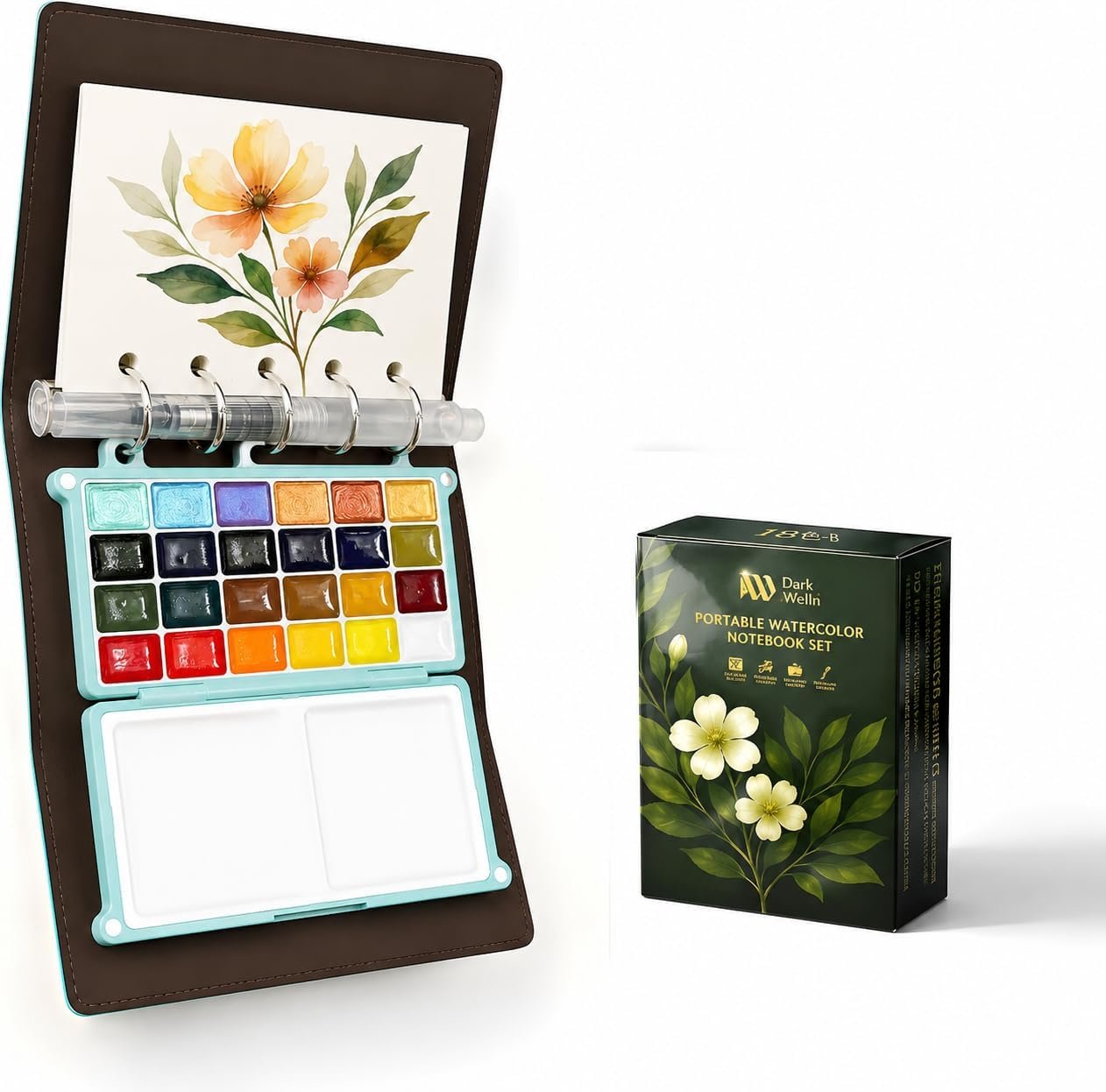 Mini Travel Watercolor Sketchbook Set – 24 Colors Pocket Paint Kit (6 Metallic, Neon, Macaron) with Refillable 300gsm Black & White Paper – PU Leather Urban Sketching Binder & Water Brush Gift