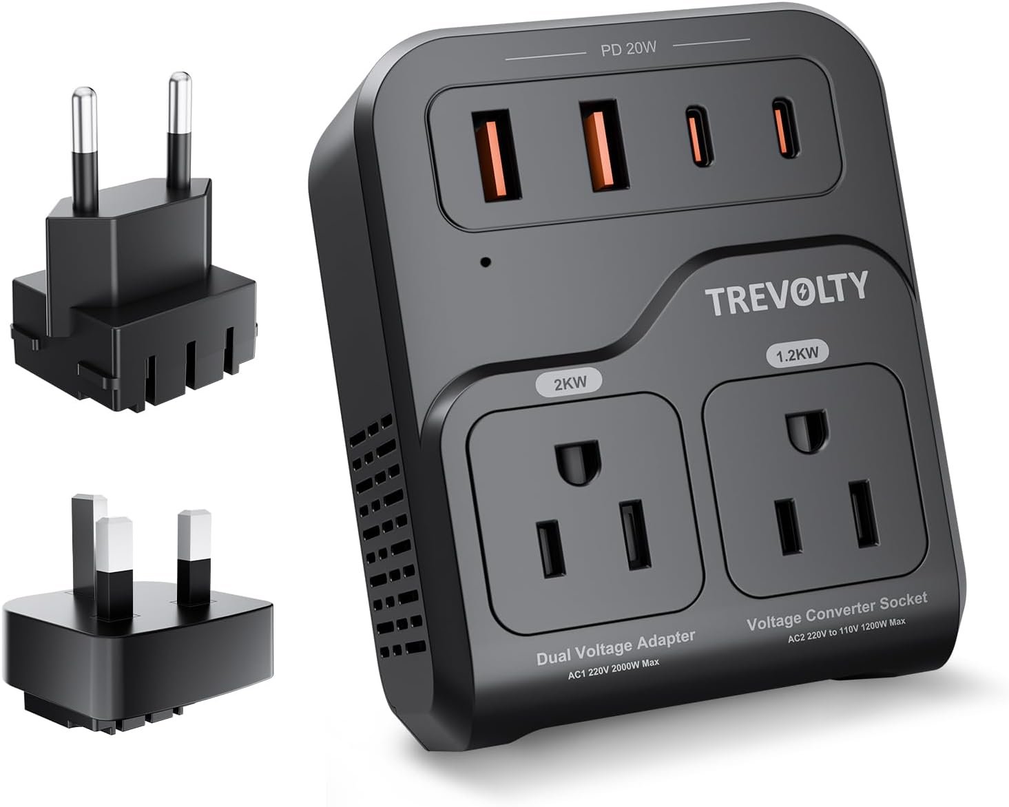 2000W Voltage Converter US to Europe for Hair Dryer, 220V to 110V Converter for European Travel with 3AC/2USB-A/2USB-C (PD20W), Power Converter Adapter Combo with Type C G Plug (Black)