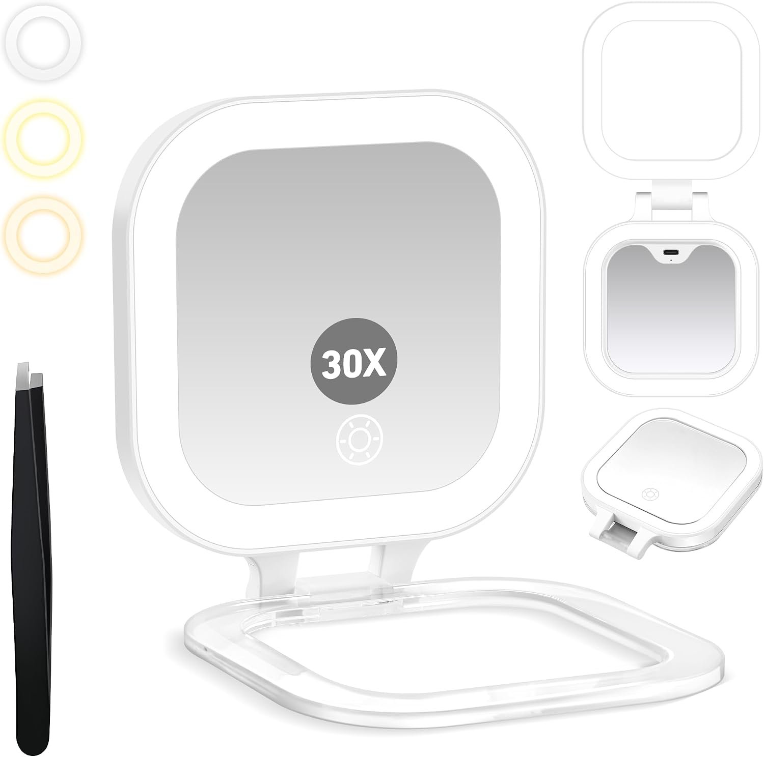 GOMIPURU Travel Mirror with Light, Compact Mirrors, 1x/30x Magnifying Mirror with 3 Color Lights and Adjustable Brightness, 4.5×3.9 inch Small Compact Hangable Hand Pocket Mirrors, Comes with Tweezer